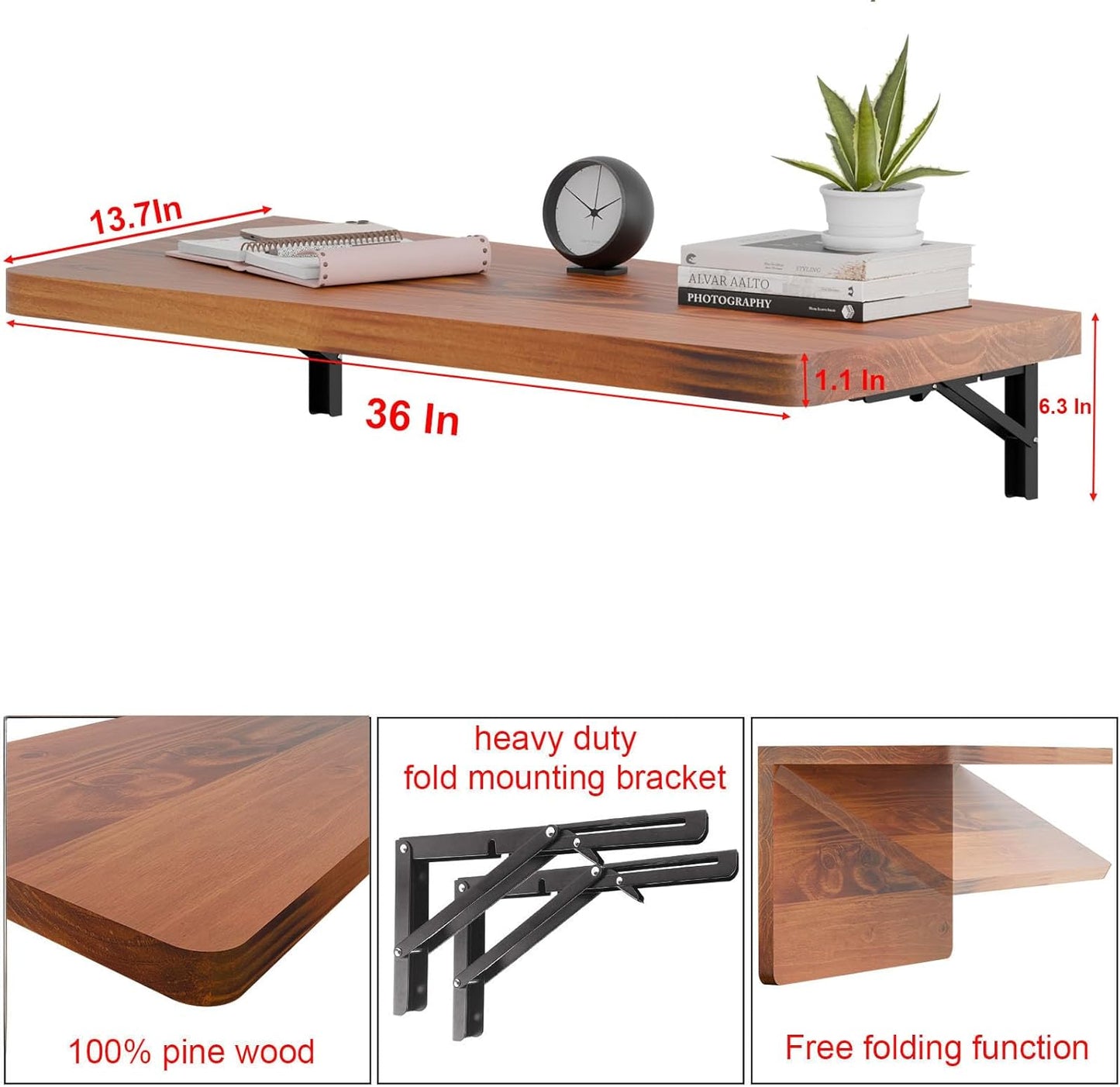 IAE Wall Mounted Folding Table with Pine Wood,Floating Wall Desk,Laundry Folding Table with Shelf Brackets,Fold Down Desk Shelf,Folding Workbench for Home,Dining,Laundry Room,Kitchen,36" x 14",Teak