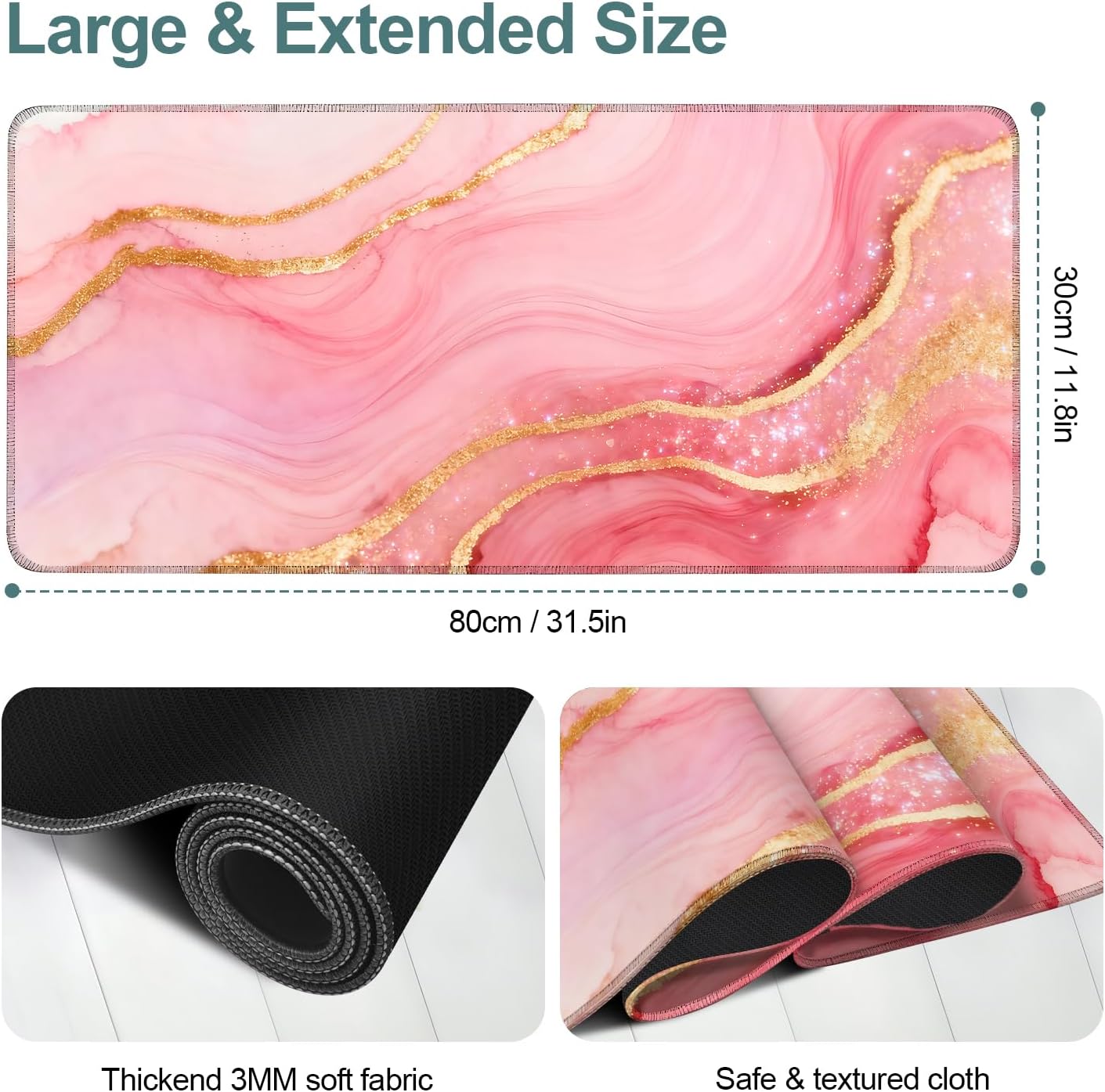 Pink and Gold Stripes Gaming Mouse Pad 31.5"x11.8"Desk Mat Anti-Slip Rubber Base & Durable Stitched Edges for Gamers Smooth Mouse Writing Surface for Desk Office/Home