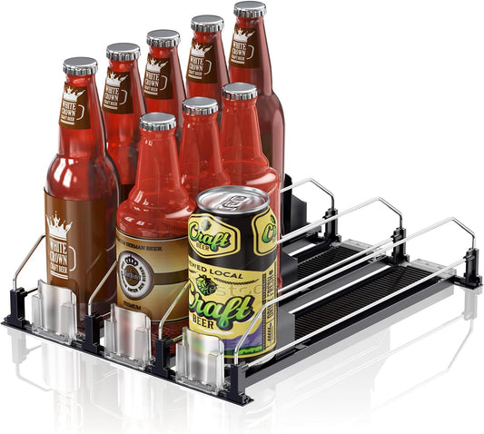 Drink Organizer for Fridge,12oz 16oz 20oz - Soda Can Dispenser for Refrigerator,Width Adjustable,Automatic Pusher Glide (Black, 15"D 3ROW, Holds 15 Cans)