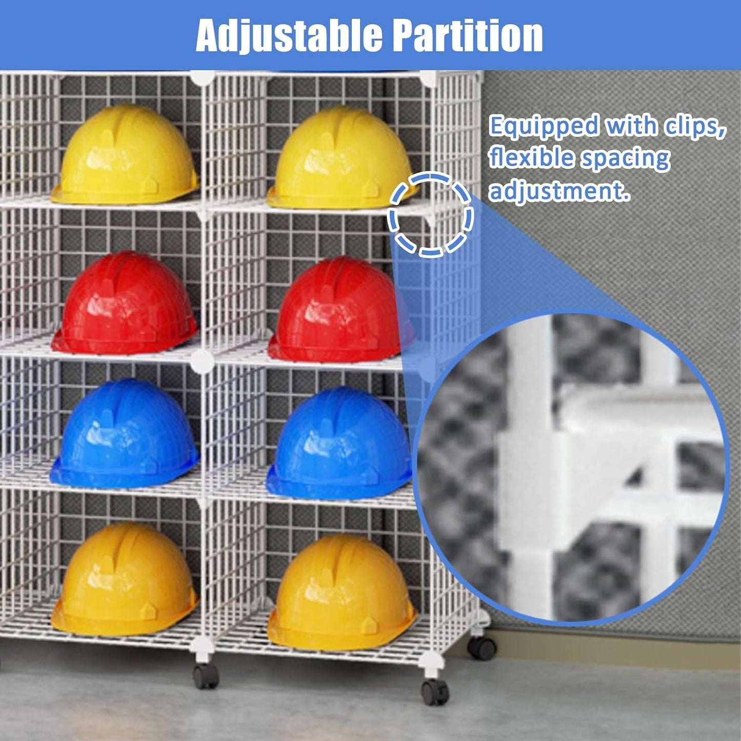 Stackable Safety Helmet Storage Boxes, Large Adjustable Hard Hat Placement Rack with Wheels, Iron Wire Helmet Display Shelf for Construction Site/Workshop/Factory (32 Grids - 8 Layers)