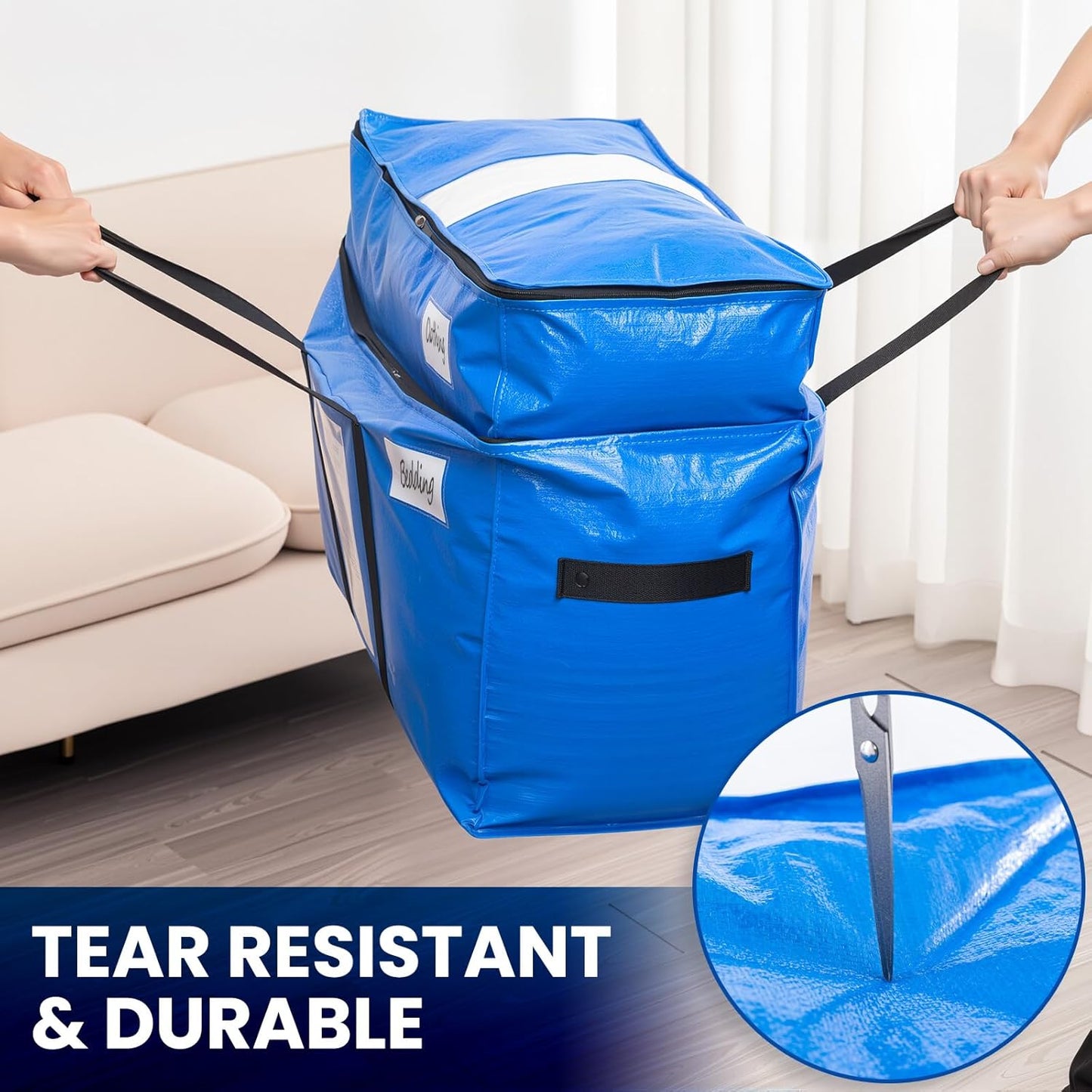 TAILI 2 Tier Extra Large Moving Bags, 4 Pack Blue Heavy Duty Totes for Storage with Visible Window, Wrap Around Handles, Storage Bags for Space Saving, Alternative to Moving Boxes