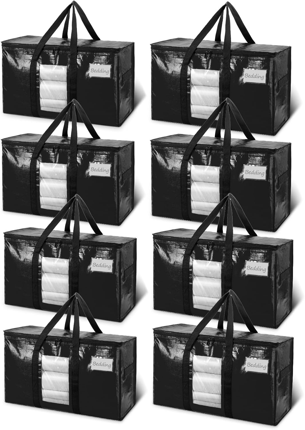 TAILI Extra Large Moving Bags, 8 Pack Black Heavy Duty Totes for Storage with Visible Window, Wrap Around Handles, Storage Bags for Space Saving, Alternative to Moving Boxes