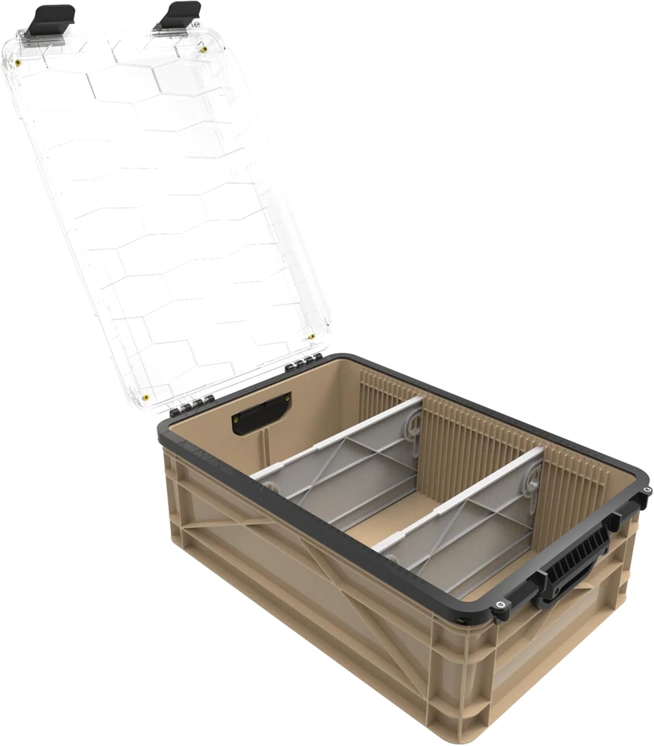 SIDIO Weather Resistant Stackable Storage Bins for Organization - Half-Size Plastic Bin with Dividers for Garage Organization, Home Storage - Heavy Duty Organizer Box (Tan)