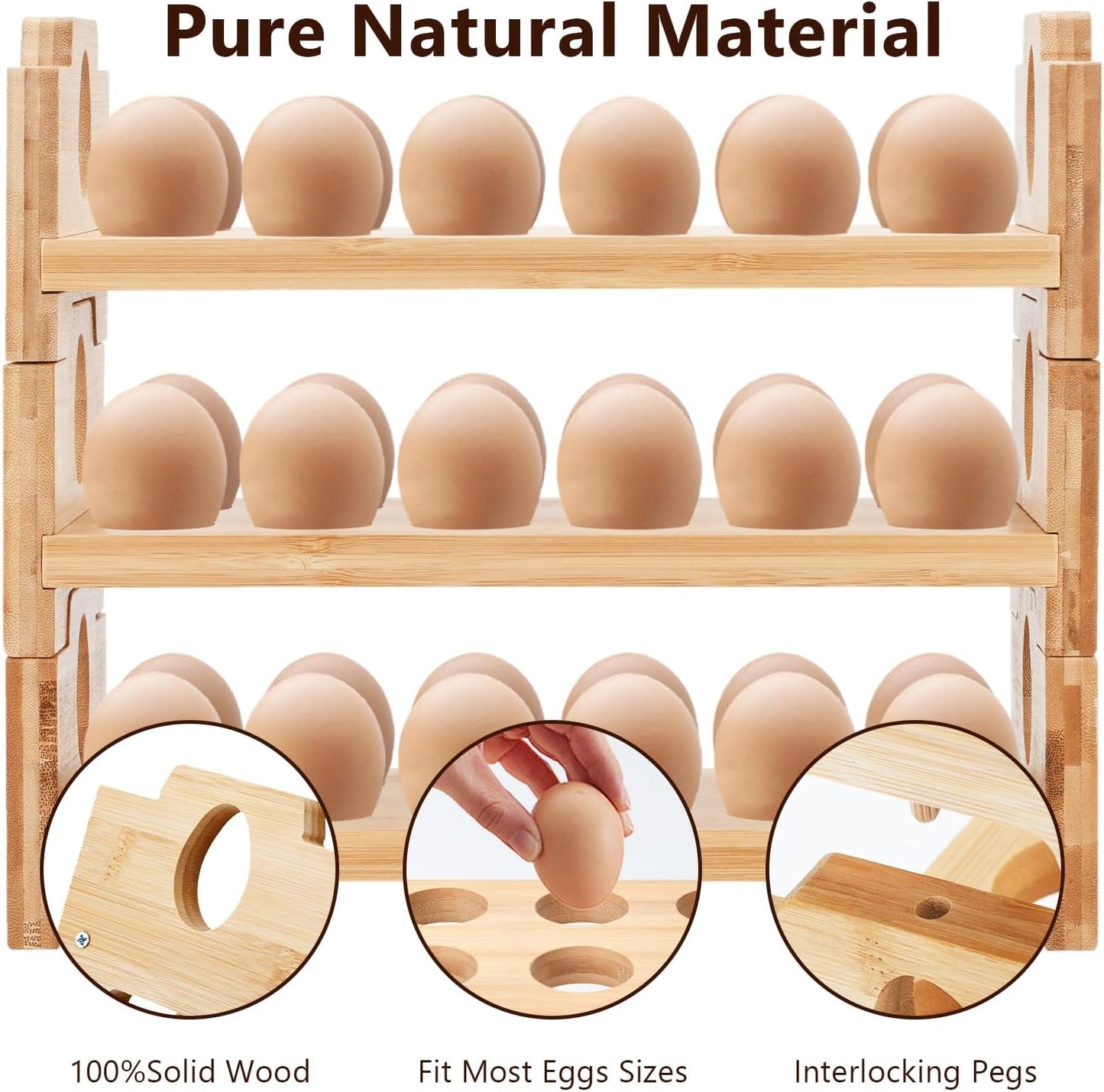3-Tier Wooden Egg Holder - Egg Basket For Gathering Fresh Eggs, Layer Egg Tray Holder Countertop For 12 Eggs,Tier Egg Organizer For Farmhouse Kitchen Refrigerator Fits Duck, Turkey, Chicken Eggs