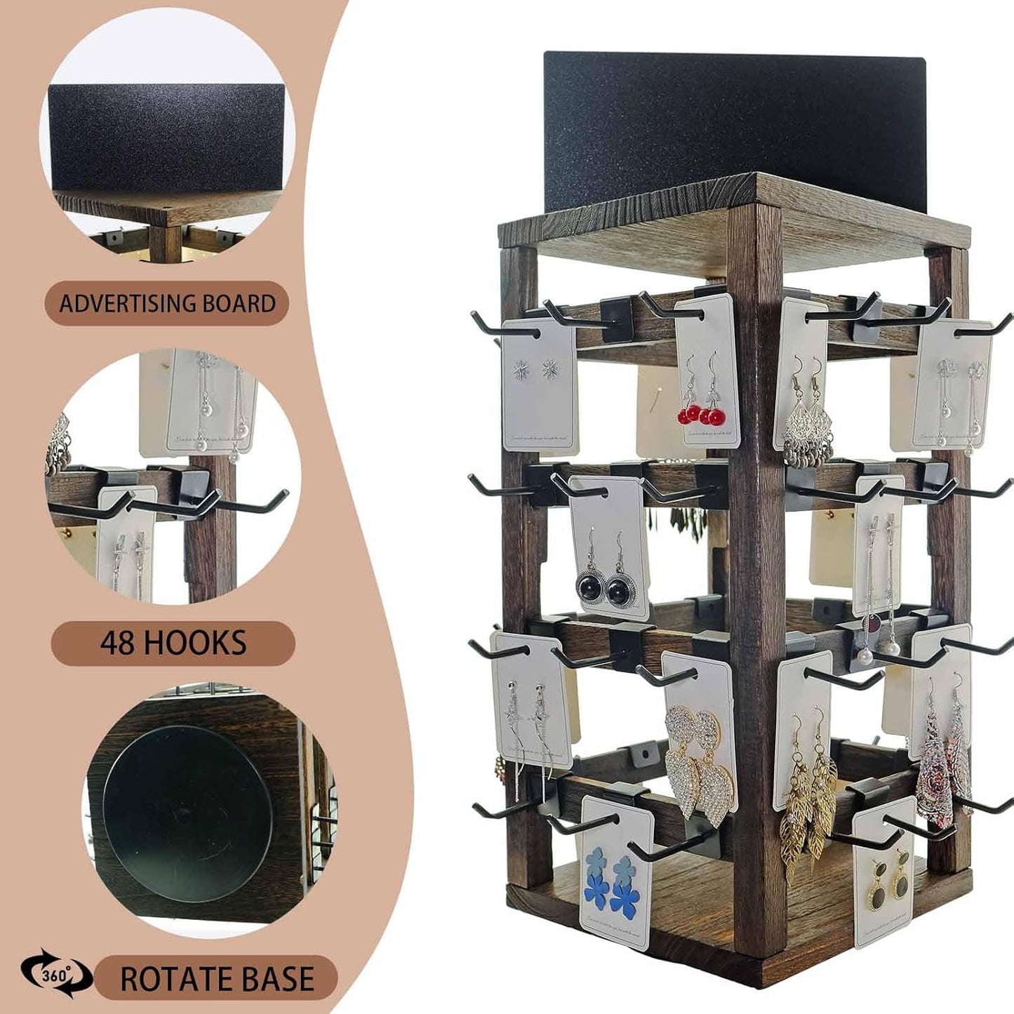 Wooden rotating Jewelry Display Stand with Removable 48 Hooks advertising board, For Earring Cards necklace bracelet Keychain Jewelry Organizer For Selling For vendor events (Dark brown)