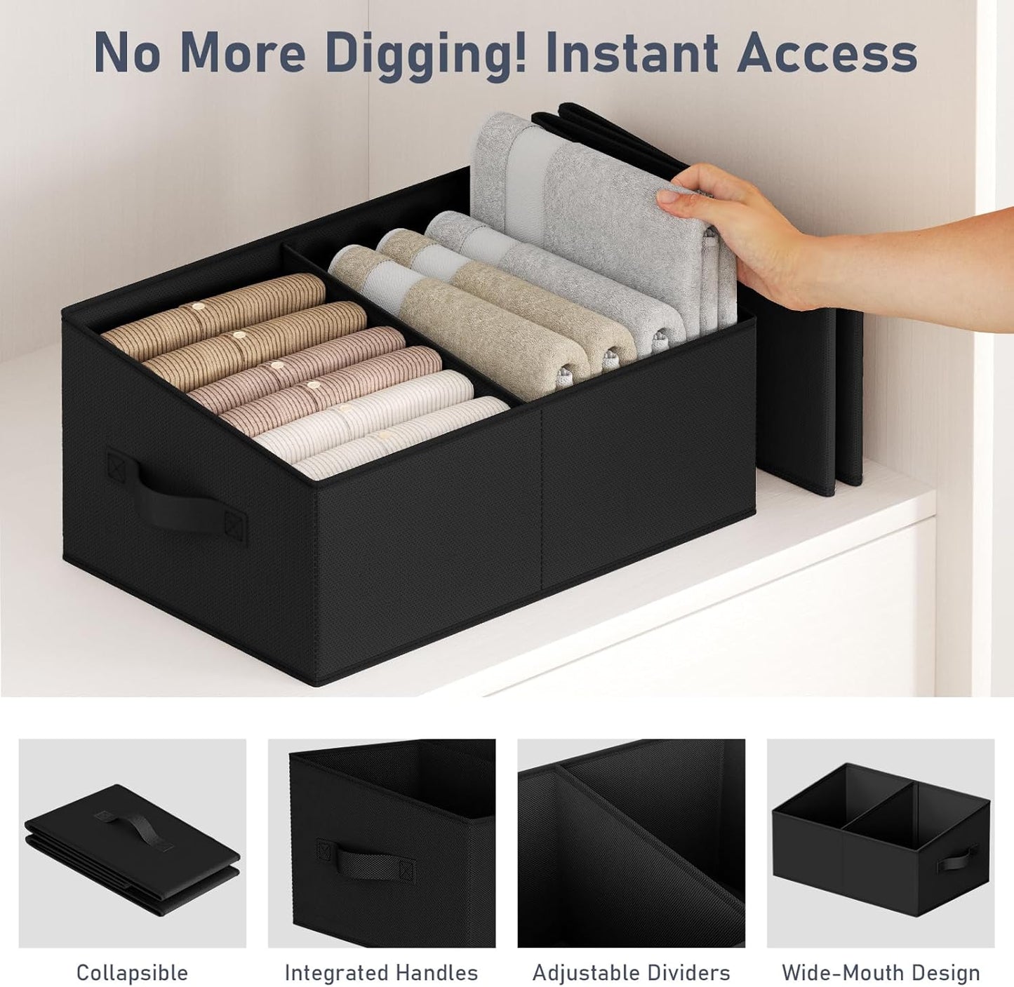 DIMJ Large Closet Shelf Organizer Bins 8 Packs with Handles and Divider, Fabric Trapezoid Storage Baskets, Foldable Clothes Containers Box for Shelf, Towel, Book, Toy, Purse, Hats, Black