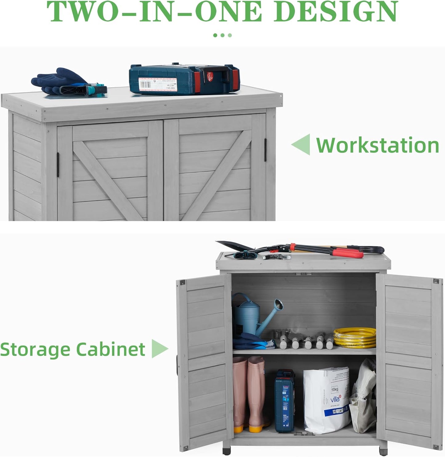 Outdoor Potting Bench with Storage Cabinet and Metal Top, Wood Workstation for Outdoor Patio, Garden (Classic Grey, 31x17x36‘’)
