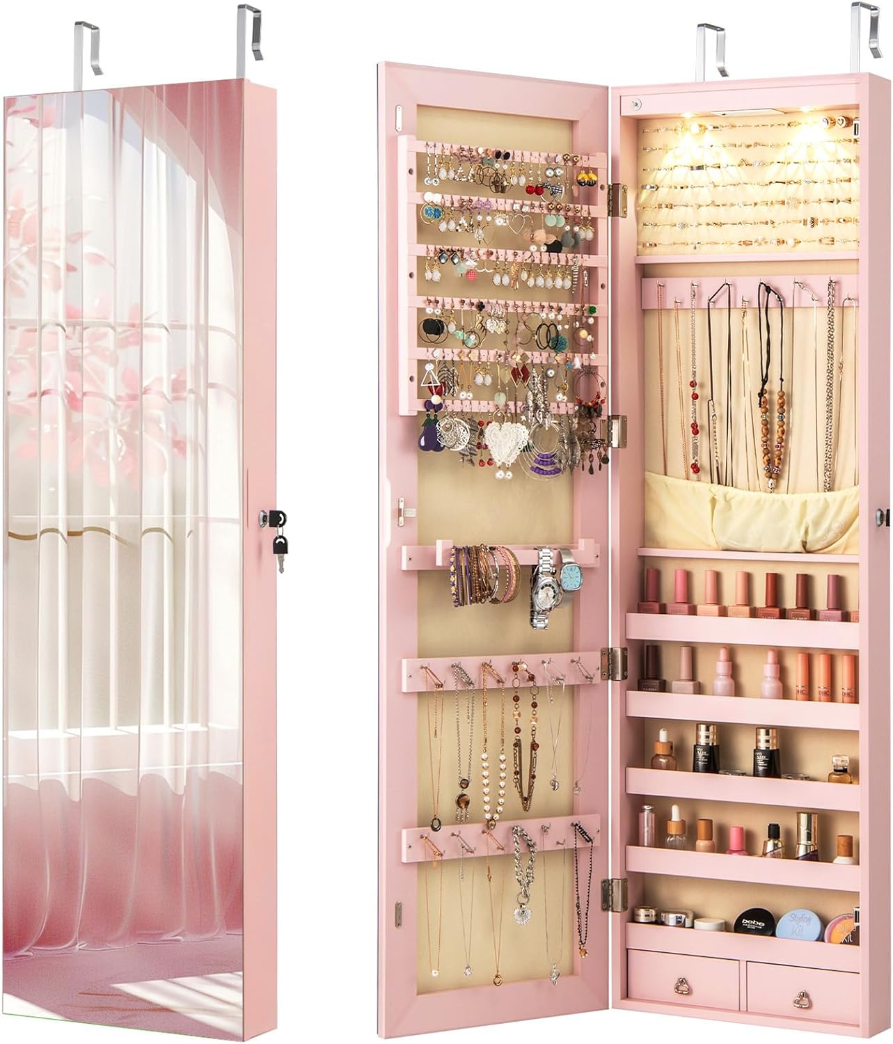 Giantex Wall Door Mounted Jewelry Armoire Cabinet with 47.5" Full Length Mirror, 2 LEDs Lockable Jewelry Organizers and Storage, Over the Door Jewelry Organizer Cabinet with 2 Drawers (Light Pink)