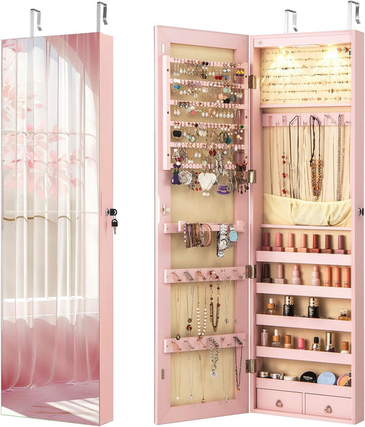 Giantex Wall Door Mounted Jewelry Armoire Cabinet with 47.5" Full Length Mirror, 2 LEDs Lockable Jewelry Organizers and Storage, Over the Door Jewelry Organizer Cabinet with 2 Drawers (Light Pink)