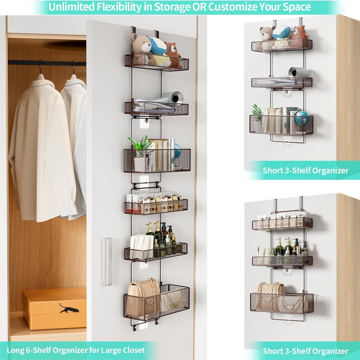 HapiRm Over Door Organizer Storage - Separable Door Organizer Hanging with 6 Metal Large Capacity Baskets for Bathroom Bedroom Kitchen Pantry Closet (Brown)