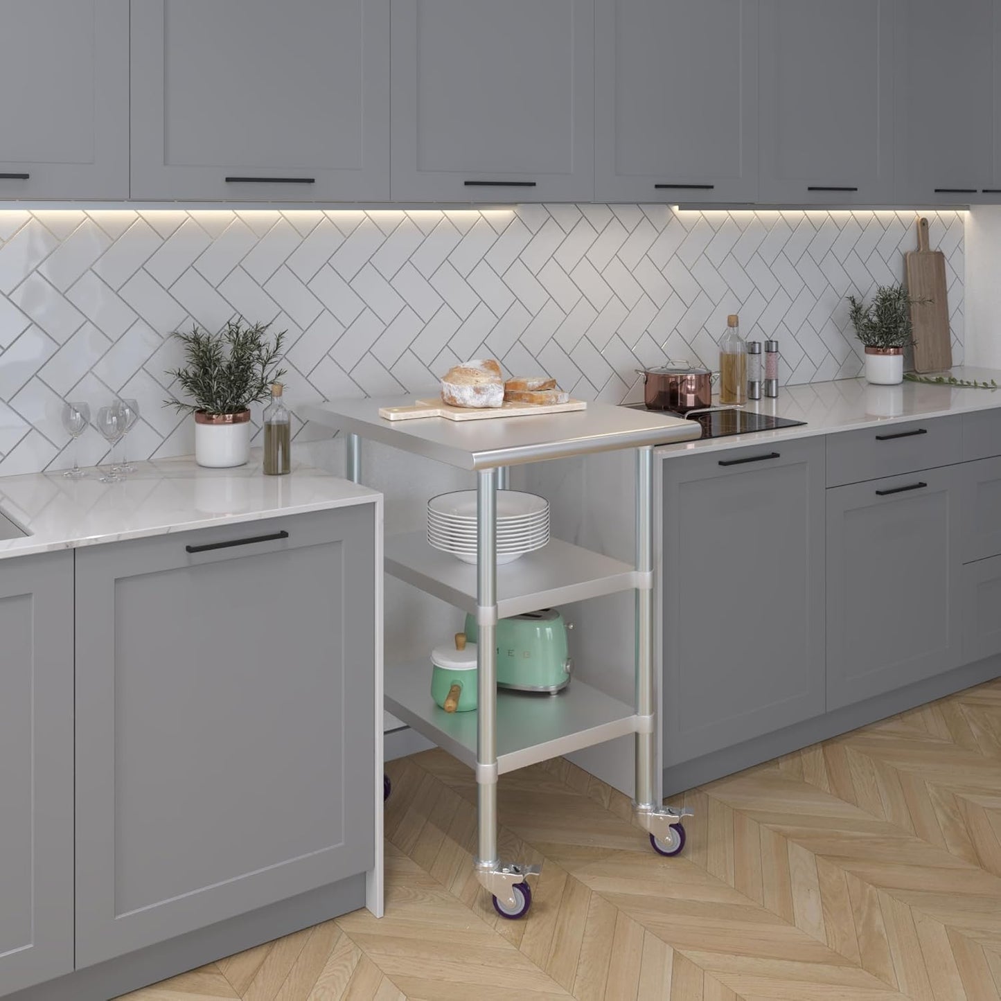 AmGood Stainless Steel Work Table with 2 Shelves and Casters (Stainless Steel Work Table with 2 Shelves + Casters, 24" Long x 30" Deep)