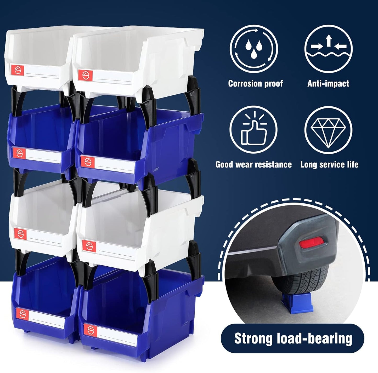 Pe&Hui Storage Organizer Bins,Wall Mount Storage Parts Rack,Stackable Shop Tool Bins for store Screws,Small Parts,Office Supplies and other Accessories (8Pack Blue&White) …