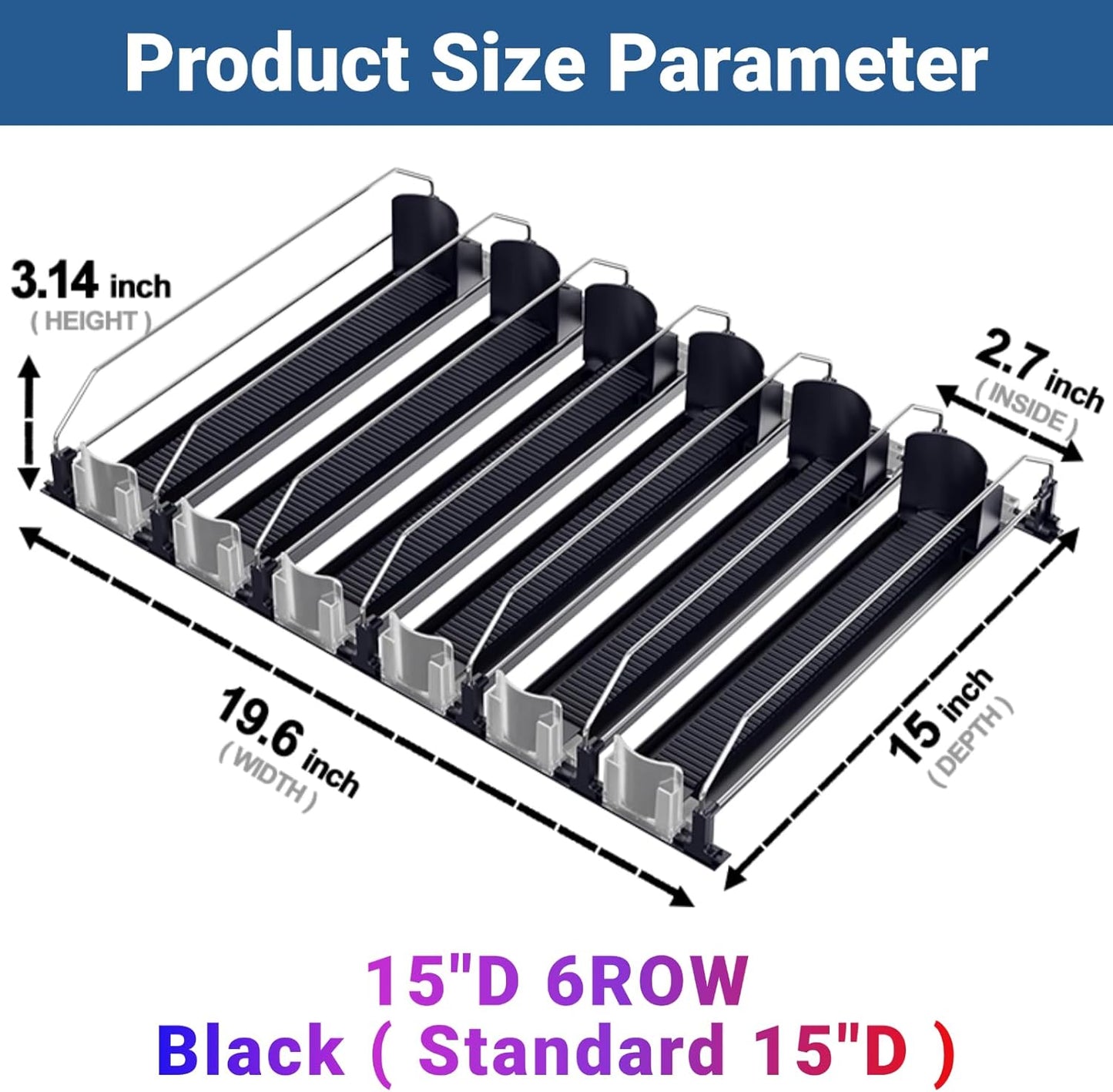 Drink Organizer for Fridge,12oz 16oz 20oz - Soda Can Dispenser for Refrigerator,Width Adjustable,Automatic Pusher Glide (Black, 15"D 6ROW, Holds 30 Cans)