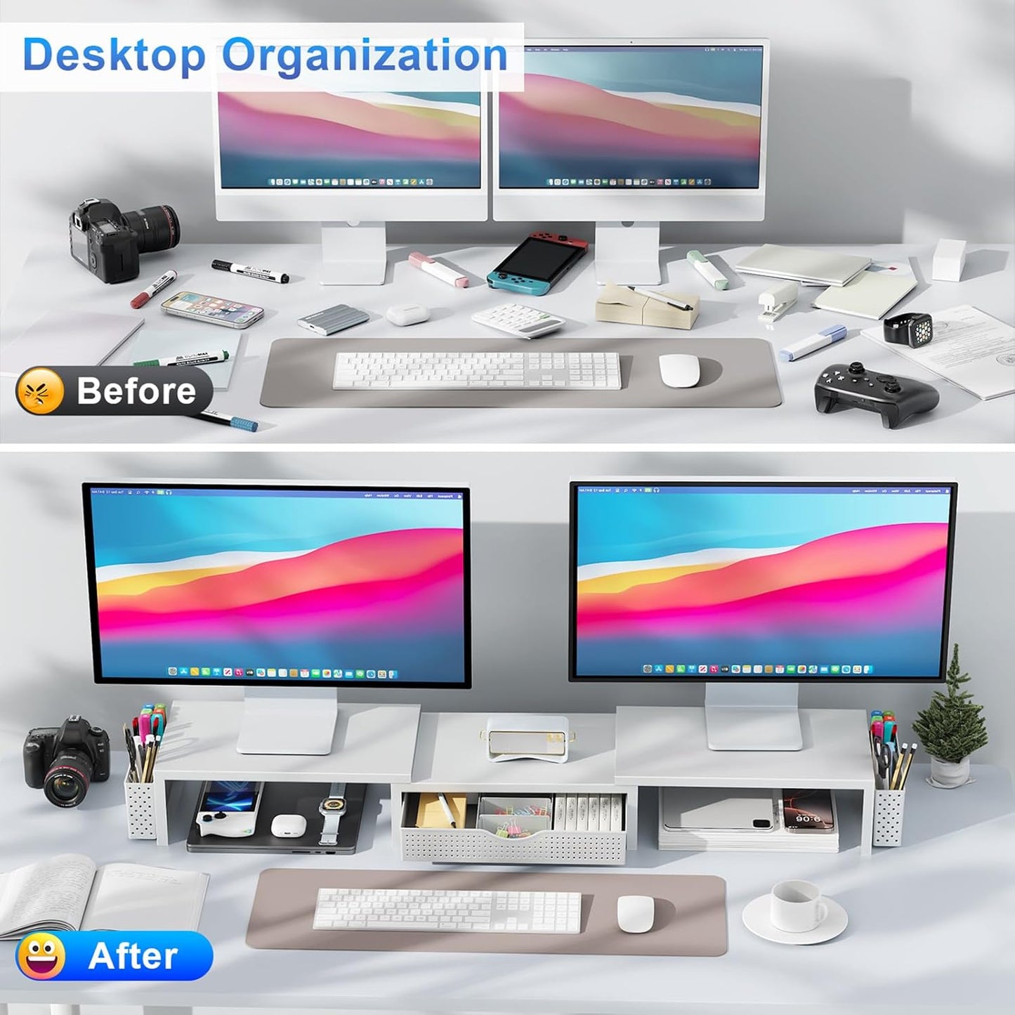 gianotter Dual Monitor Stand Riser, Desk Organizer With Drawer and 2 Pen Holders, Monitor Stand for Desk, Office Decor Essentials (White)
