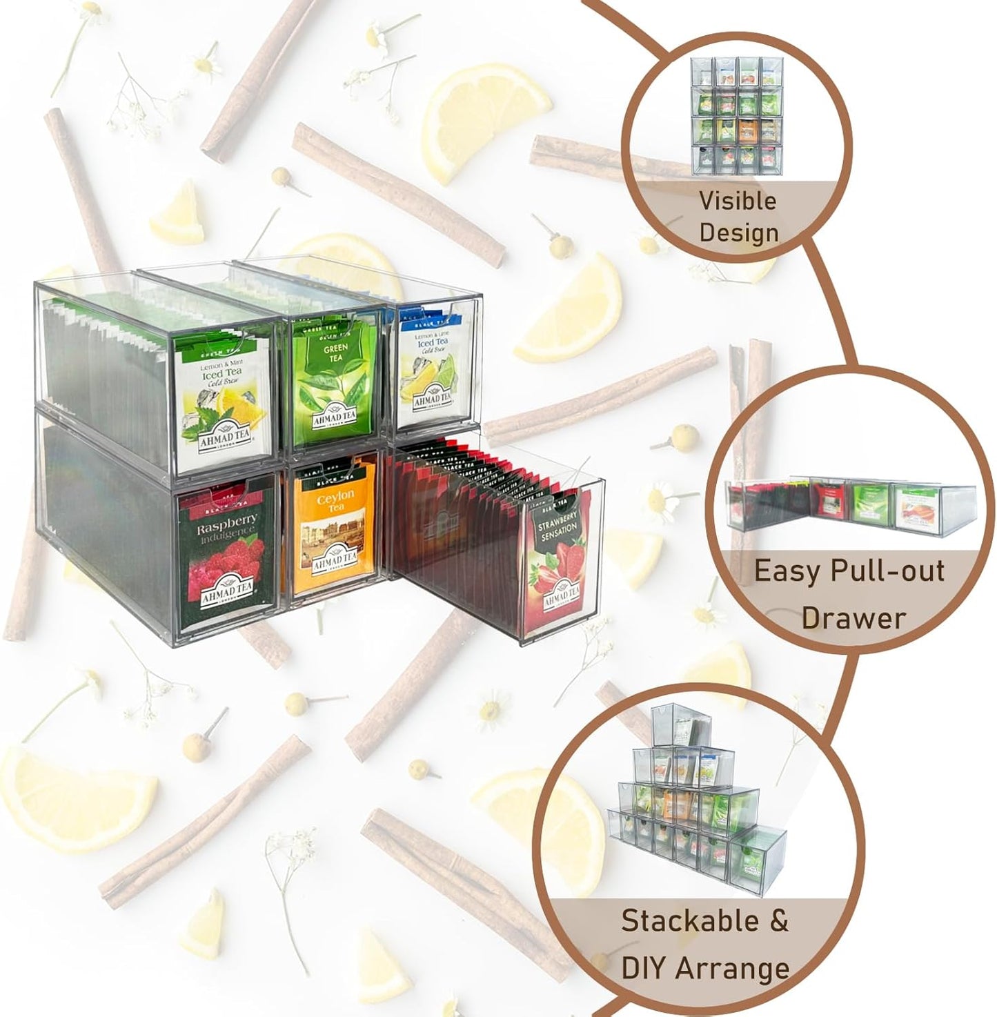 6-Pack Tea Bag Drawers Organizer - 6 Clear Plastic Drawer Tea Bag Holder; Stackable & Portable; Wider Size; Well-Organized Storage for Tea Bags Storage Chests；High Volume