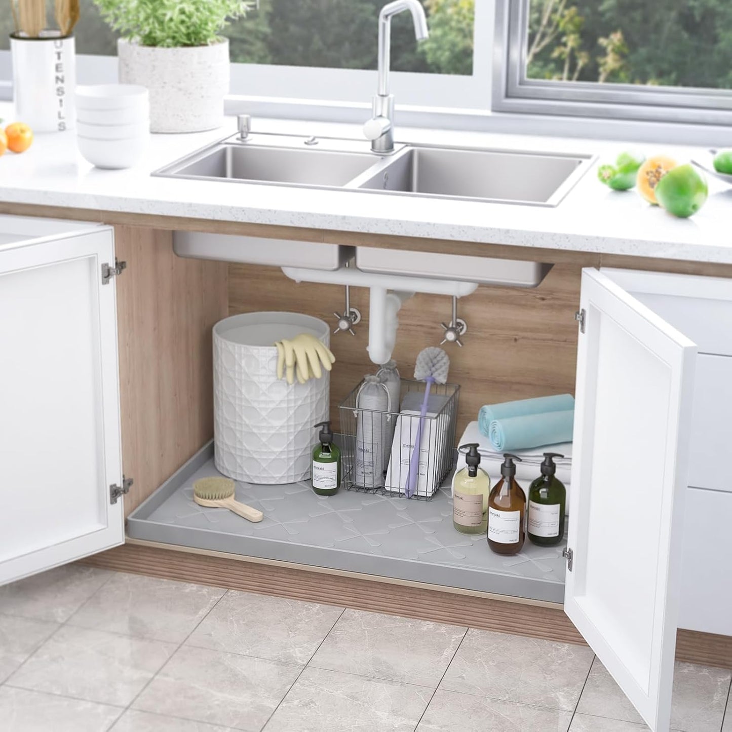 SIKADEER 22" x 22" Under Sink Mat Waterproof, Silicone Mat Kitchen Drawer Shelf and Cabinet Liner, Sink Protector for Kitchen Organizers and Storage, Boot Tray Pet Food Mats