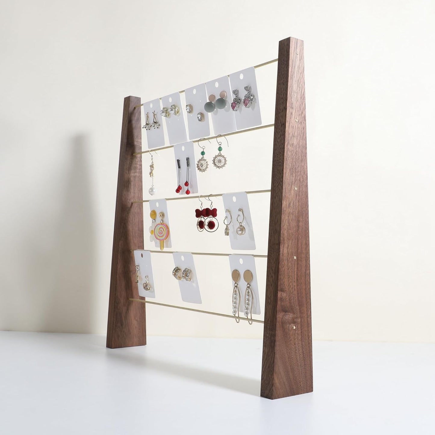 GemeShou 5 Tiers Walnut Earring display stands for selling, Wooden Jewelry Shelf, Earring Storage Organizer, Brass earring holders with 30 PVC cards for stud Dangle Hoop【Walnut 5-Tier】