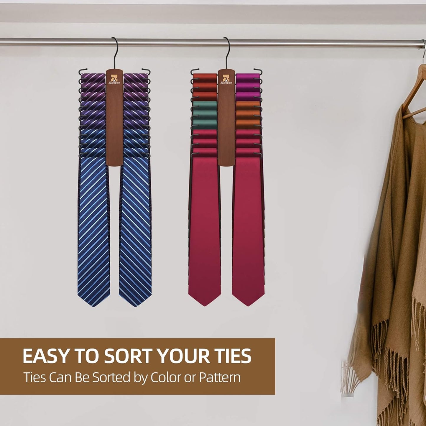 ZEDODIER Wooden Tie Rack, Tie Hanger for Men Closet, 20 Storage Capacity, Non-Slip Rotatable Tie Organizer, Hanging Space Saving Holder, Vintage