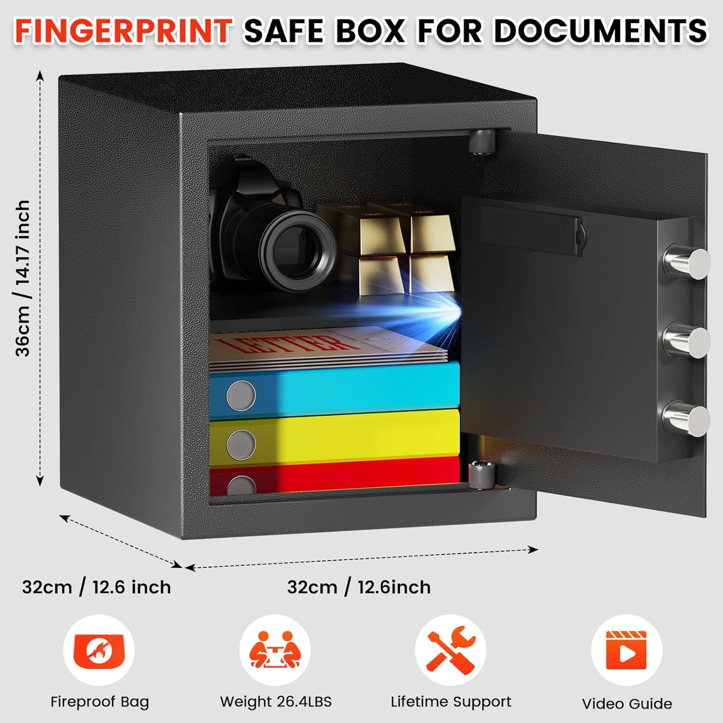 1.3 Cuft Biometric Safe Box, Fire Proof Safe For Home Documents with Fingerprint Lock, Combination Keypad Keys, Anti-Theft Dual Alert, Mute Mode, Digital Security Personal Safes for Money Jewelry