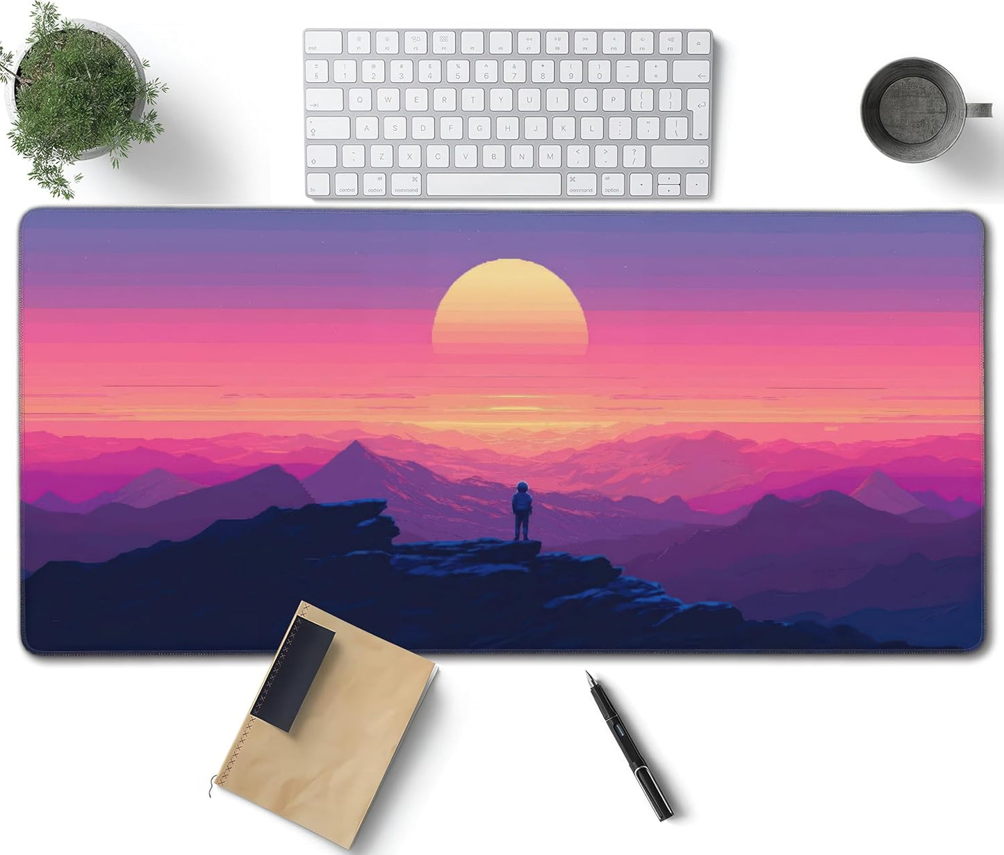 Sunset Mountains Large Mouse Pad, Anime Style Gaming Desk Mat, XXL Keyboard Desk Pad Mat for Desktop, 35.4"x15.7" Non-Slip Base Big Mousepad with Stitched Edges