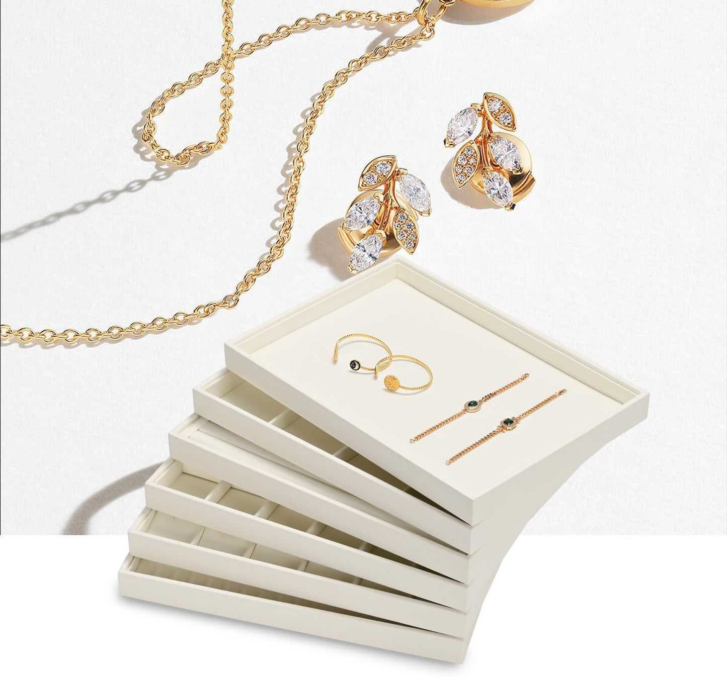 Stackable Beige Jewelry Organizer Tray Premium Microfiber 24 Grid Jewelry Display Trinket Earring Ring Organizer Tray