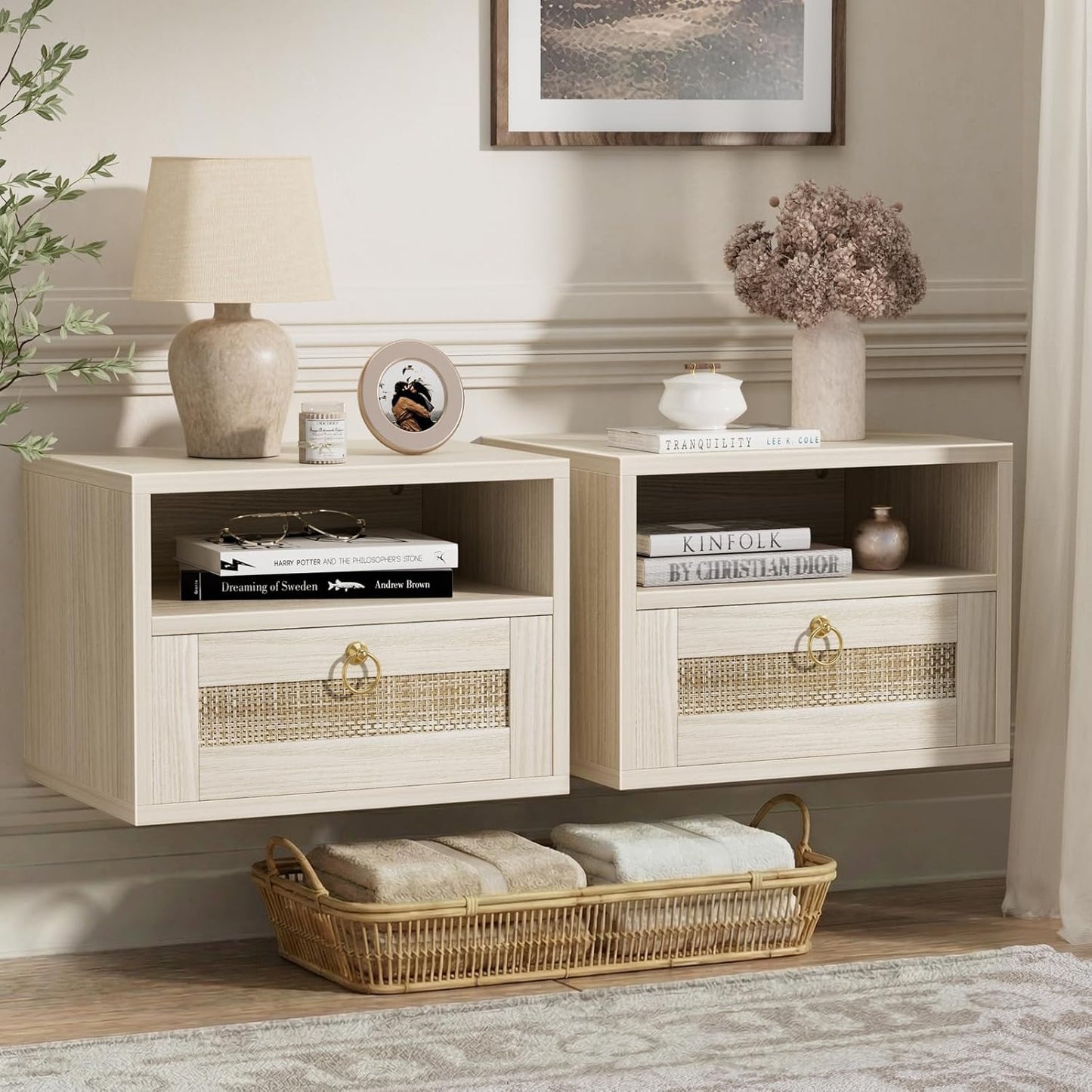 Floating Nightstand Set of 2 with Drawer for Wall Mounted Hanging Rattan Night Stand Bed Side Tables Wooden End Table Small Boho Dressers for Bedroom Farmhouse Shelves with Drawers