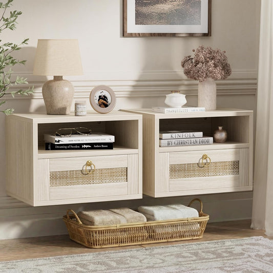 Floating Nightstand Set of 2 with Drawer for Wall Mounted Hanging Rattan Night Stand Bed Side Tables Wooden End Table Small Boho Dressers for Bedroom Farmhouse Shelves with Drawers
