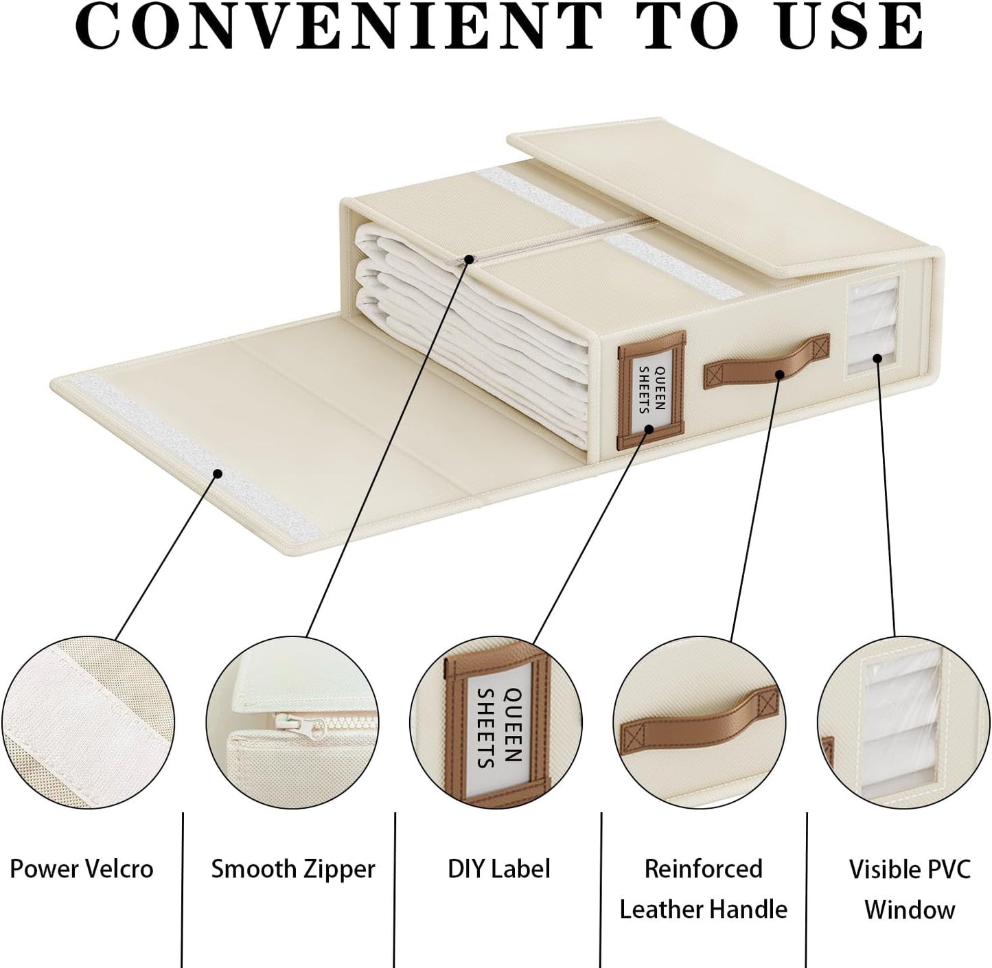 Bed Sheet Organizers and Storage (4 Pack, Queen & King Size) – Foldable Linen Closet Organizers with Window & Label, Zipper Bedding Storage Box for Sheets, Duvet Covers, Pillow Cases – Beige