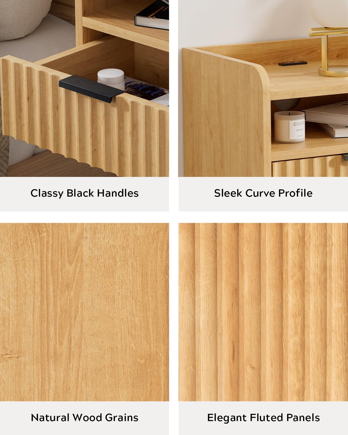 Fluted Floating Nightstand Set of 2, Wall Mounted Bedside Table with Storage Drawer and Open Shelf, Night Stand with Charging Station for Living Room, Bedroom, Dorm, Natural Oak