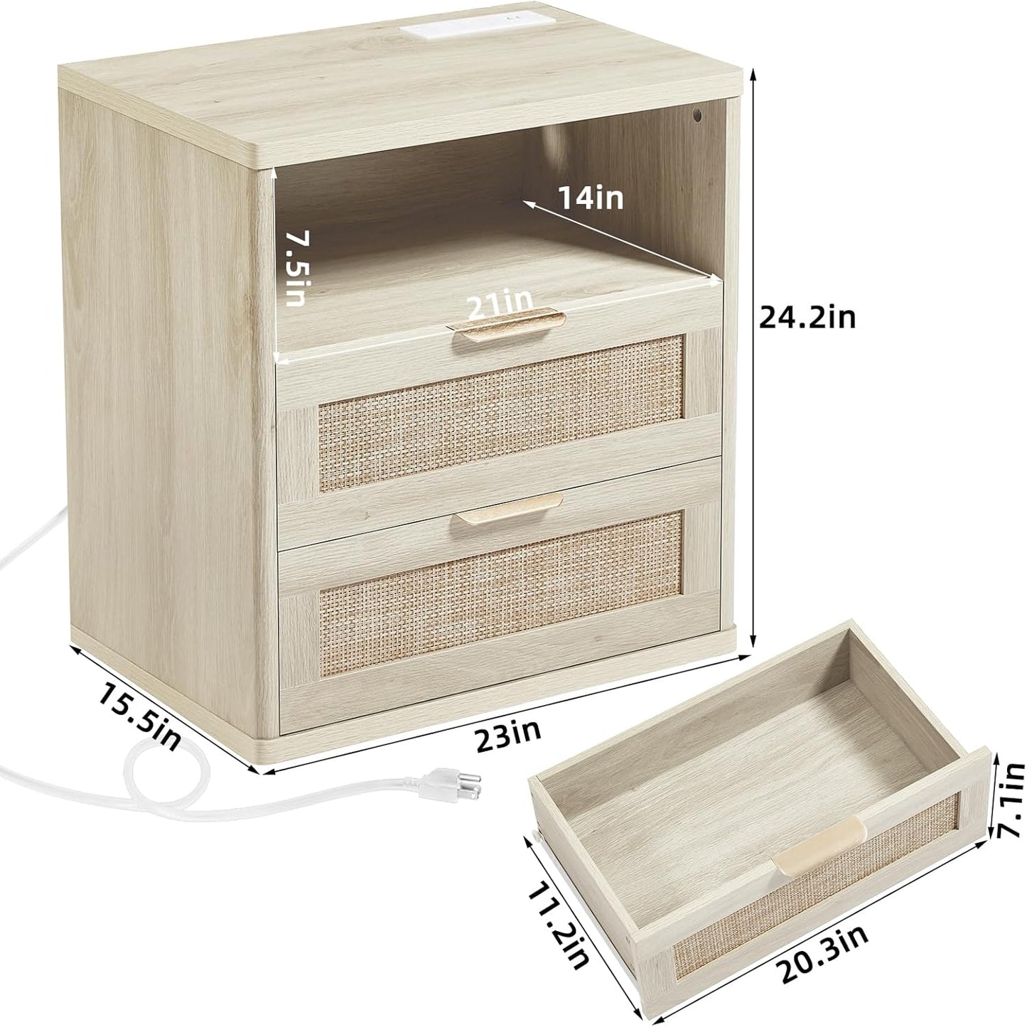 LEYAOYAO Rattan Nightstands Set of 2 with Charger Station, 23" Wide Boho Night Stand with 2 Drawers, Grey White Bedside Table Open Shlef, Bed Side End Table Dresser for Bedroom, Living Room Hallway