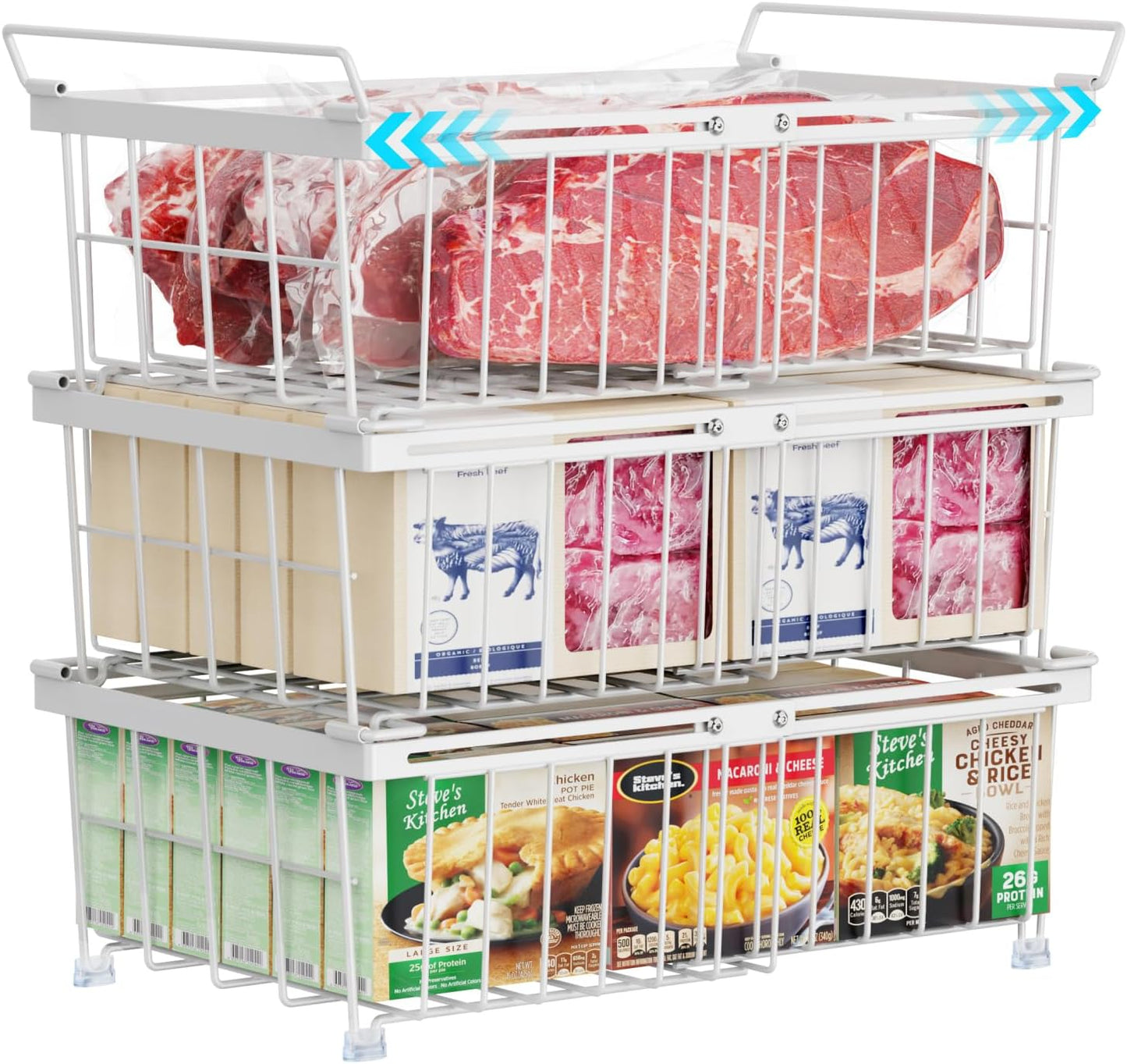 iSPECLE Chest Freezer Organizer - Fit 10 to 20 Cu.FT Freezer, 3 Pack Large Expandable Stackable Deep Freezer Organizer Bins Sort Frozen Food and Easily Get with Handle, Improve Air Circulation,White