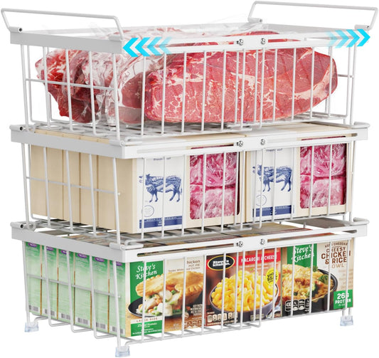 iSPECLE Chest Freezer Organizer - Fit 10 to 20 Cu.FT Freezer, 3 Pack Large Expandable Stackable Deep Freezer Organizer Bins Sort Frozen Food and Easily Get with Handle, Improve Air Circulation,White