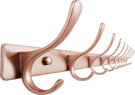 SKOLOO Coat Rack Wall Mounted - 10 Hooks, Heavy Duty, Stainless Steel, Metal Wall Hanger, Sturdy Coat Hooks for Hanging Coats, Jacket, Clothes, Hat, Matte Rose Gold