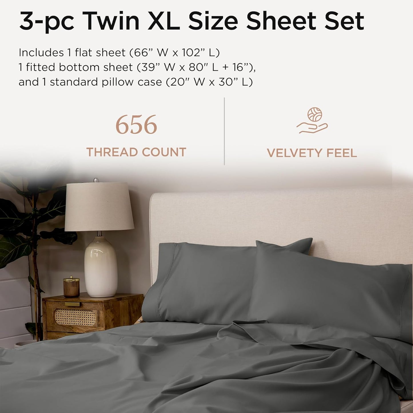 Threadmill Twin XL Sheet Sets |656 Thread Count 100% Supima Cotton Sheets for Twin XL Mattress | Solid Sateen Twin XL Bed Sheets Set with 16” Deep Pocket | Soft 3-Piece Cooling Sheet Set | Dark Grey