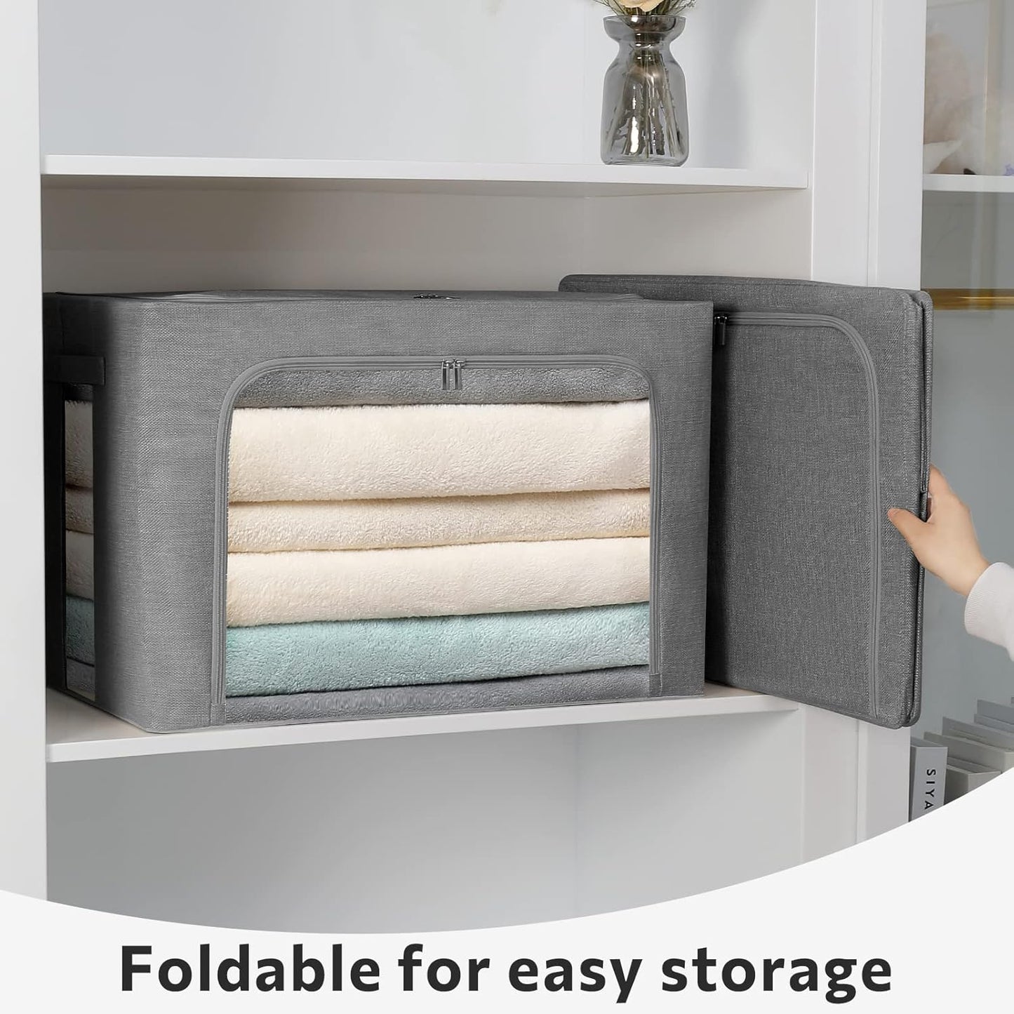 FHSQX 2 Pack Clear Window Storage Bins Stackable Linen Fabric Storage for Clothes Foldable Box Organizer Set with Carrying Handles-36L (Gray, 15.7x 11.8x 11.7 Inch)