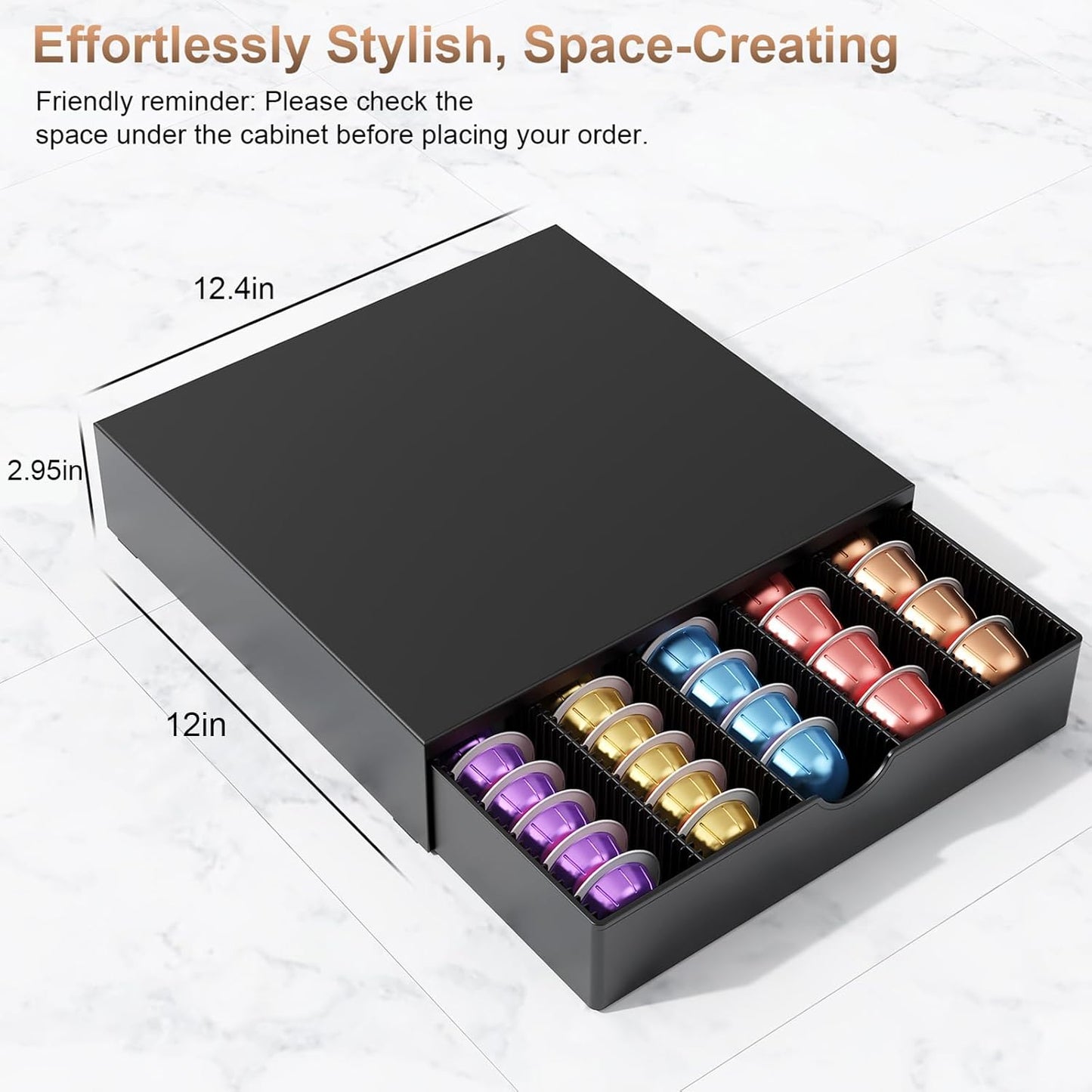 Coffee Pods Drawer Organizer Compatible with Nespresso Vertuo Pods Holds Up to 60 Small or 40 Large (Black)