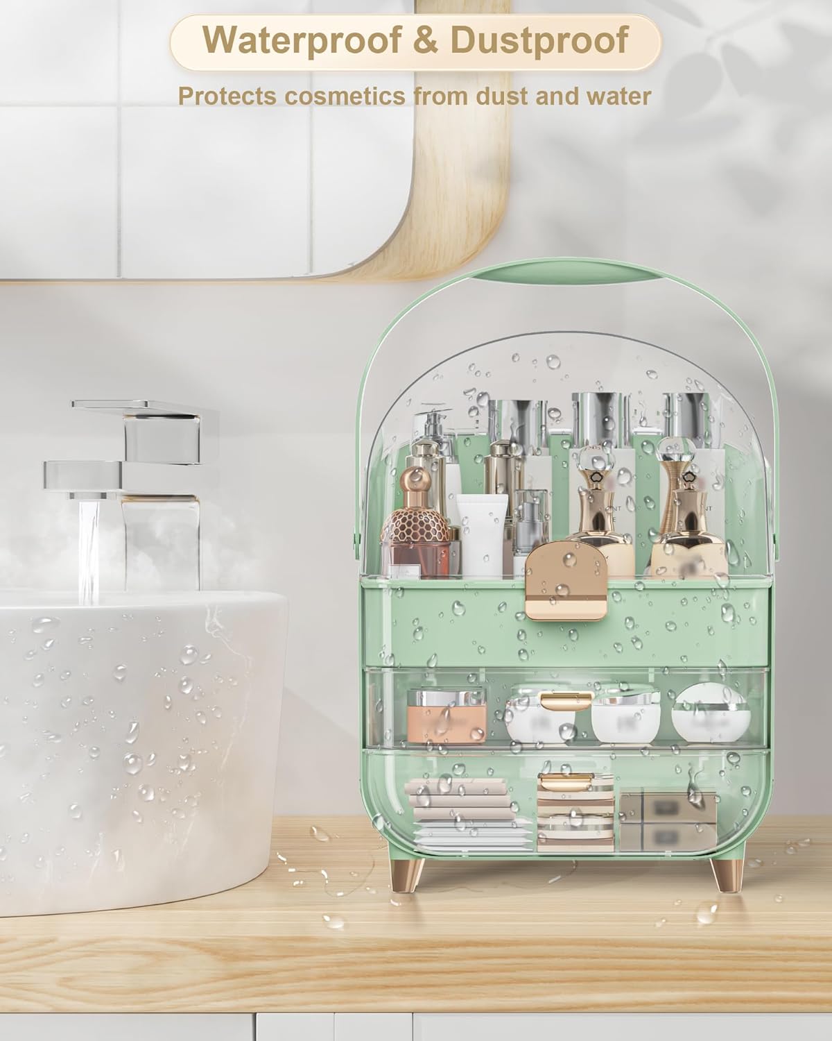 Makeup Organizer Countertop, Skincare Holder Bathroom Counter Organizer, Storage Box Cosmetic Display Cases, Teen Girl Gifts Make up Organizers for Vanity, Dresser (Green)