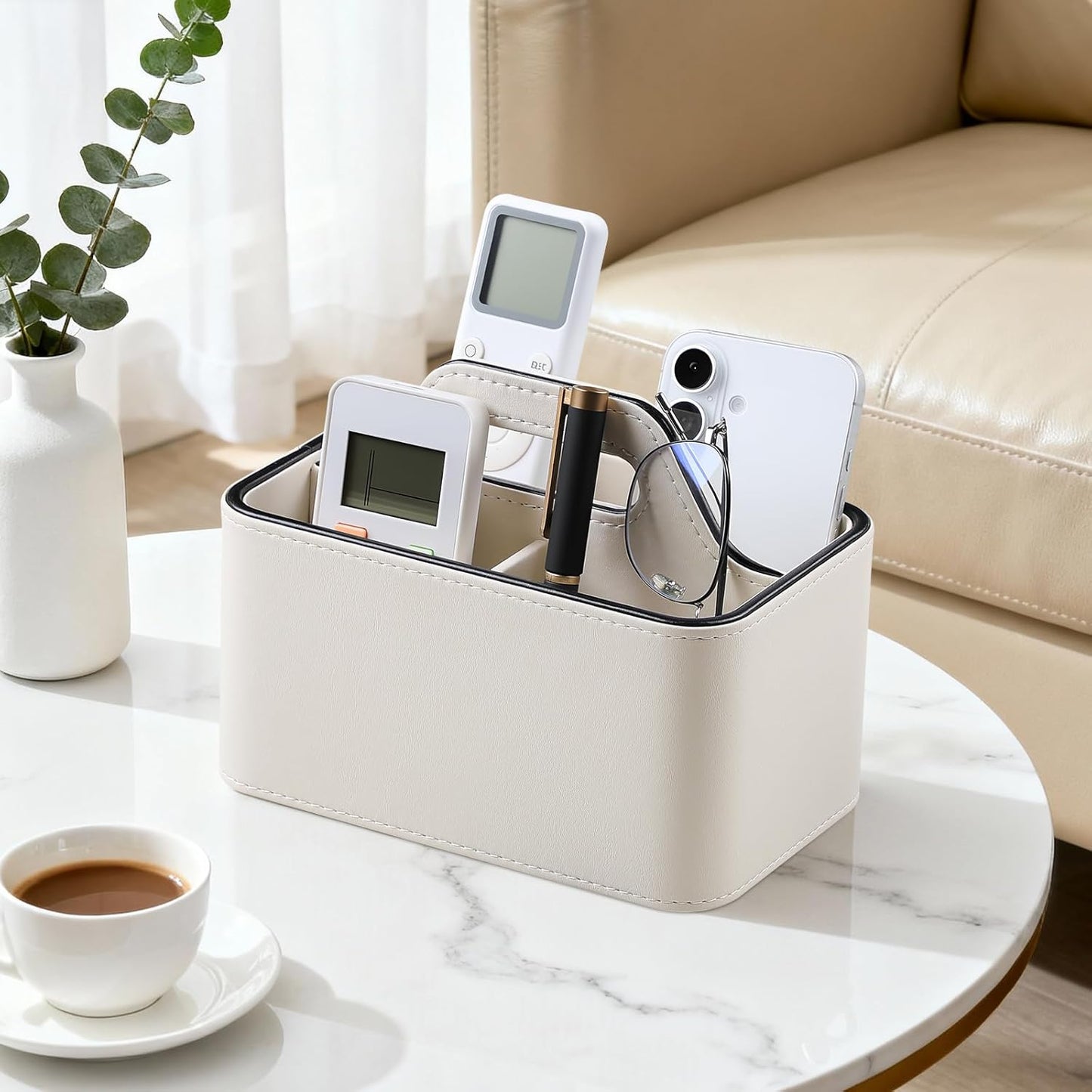 Caddy Organizer with Handle, PU Leather Remote Control Holder Desk Caddy, Portable Makeup Office Supply Organizer for Bathroom, Nightstand, Dresser (Cream)