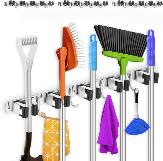 3 Pack Broom Holder Wall Mount 5 Racks 4 Hooks Stainless Steel Broom Mop Holder Anti Slip Storage Rack Strong Load Bearing Waterproof Broom and Mop Organizer Wall Hanging for Bathroom Kitchen Garage
