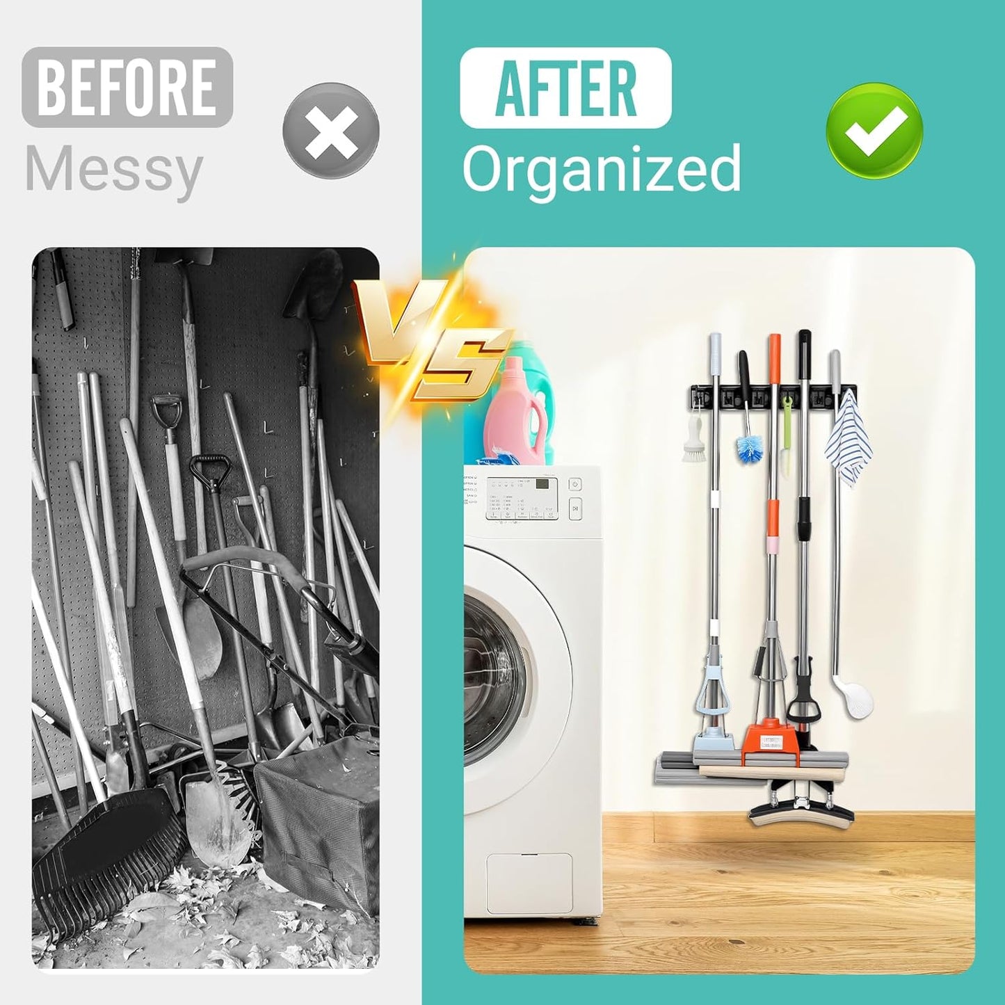 Broom and Mop Holder, Wall Mounted Organizer Mop and Broom Storage Tool Rack with 5 Ball Slots and 6 Hooks (2Pack)