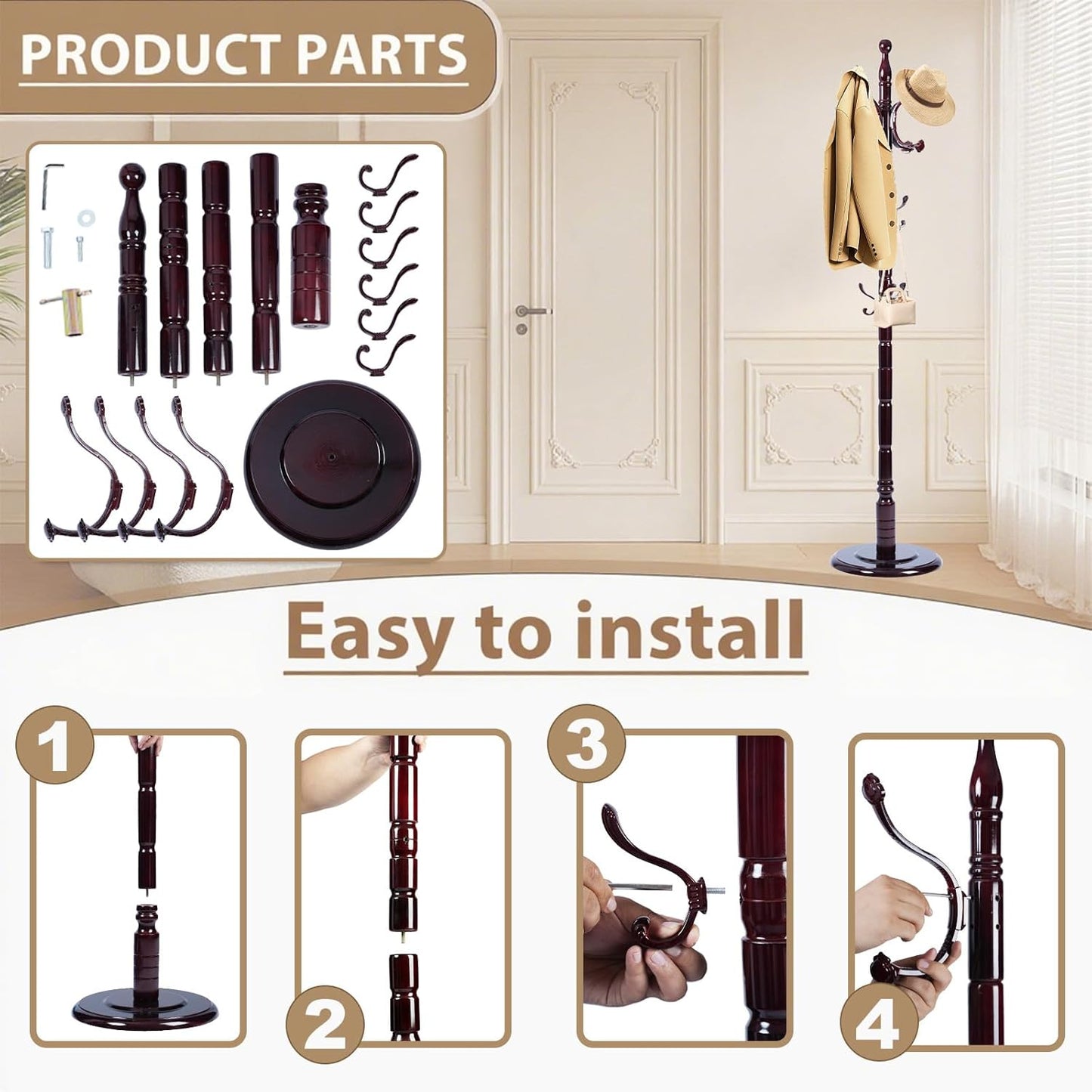 Solid Wooden Coat Rack Stand, Coat Racks Freestanding with 14 Hooks, Natural Birch Wood Coat stands with Sturdy Round Base, Tree Coat Hanger Standing for Entryway Bedroom Office (Ruyi Hook)