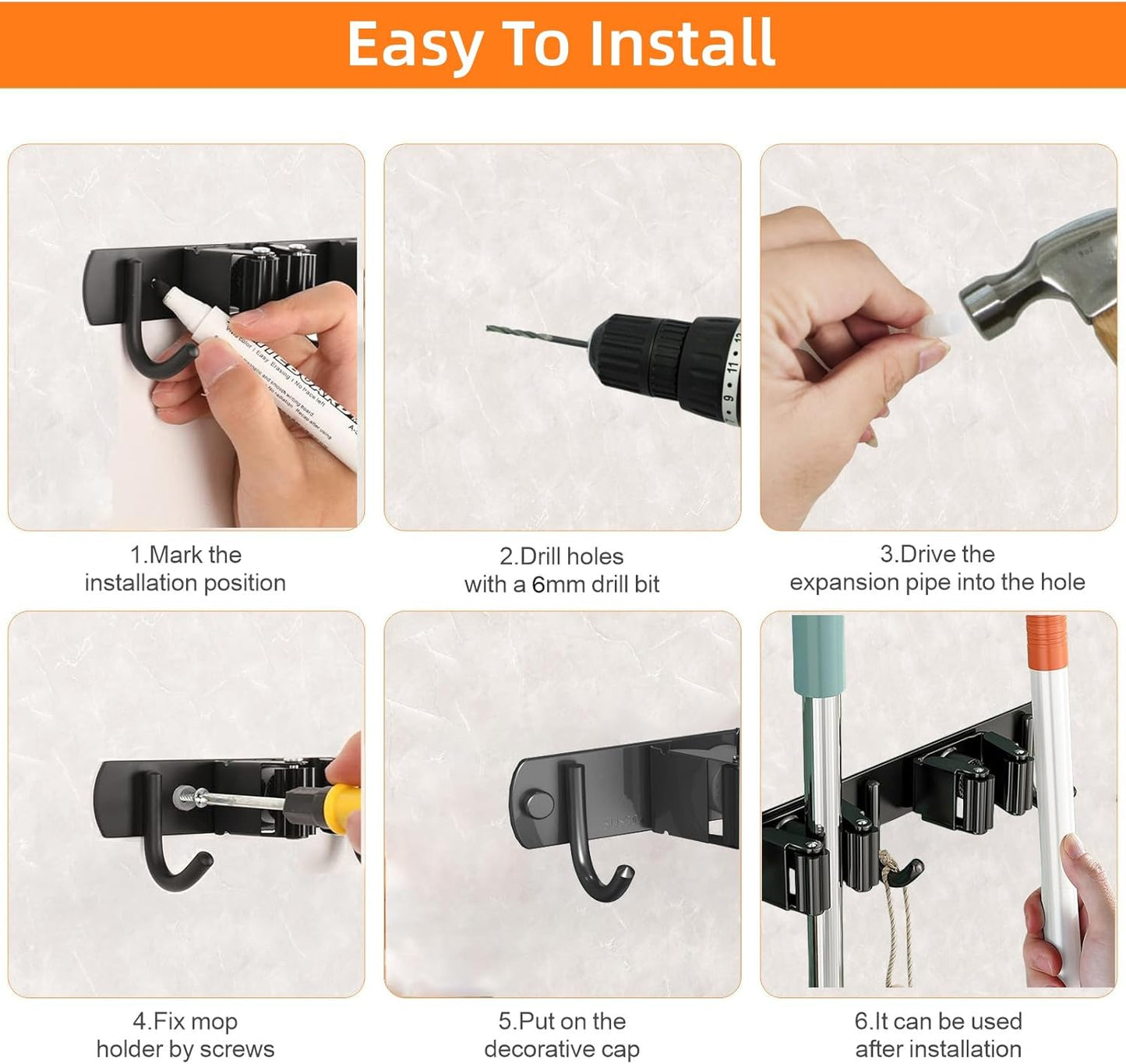2 Pack Mop and Broom Holder Wall Mount, Non-slip Broom Hanger Wall Mount, Heavy Duty Mop Broom Organizer for Kitchen Garden Garage Laundry Room Wall Decor Organization and Storage Black 5R4H