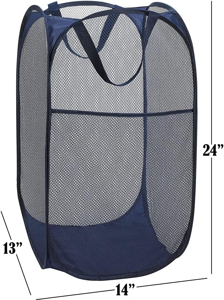 BATTOO Deluxe Strong Mesh Pop up Laundry Hamper Basket with Side Pocket Foldable Hamper for Laundry Room, Bathroom, Kids Room, College Dorm or Travel Navy + Navy