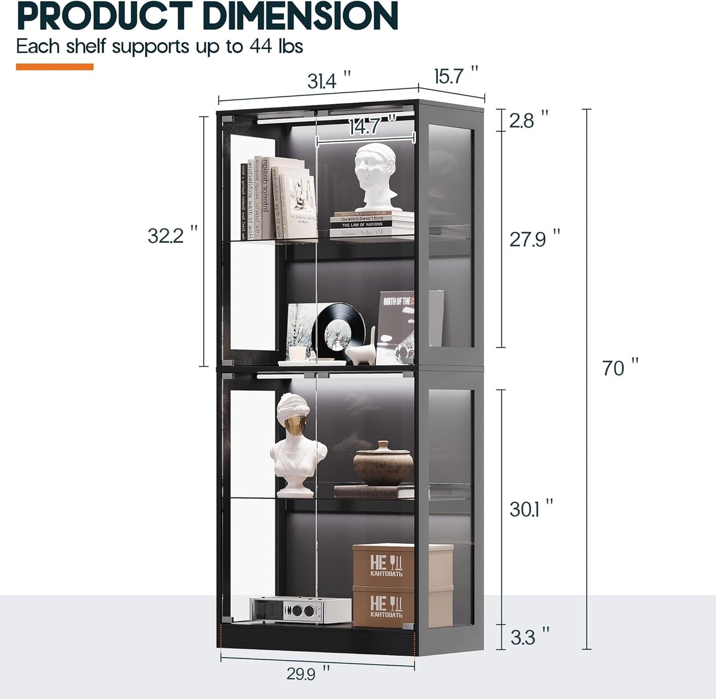 AMERLIFE RGB Display Cabinet with Adjustable Glass Shelves, 4-Tier Storage Case with LED Lights & Press-to-Open Doors, Modern Display Shelf for Collectibles, Black 70" H×32" L×16" D
