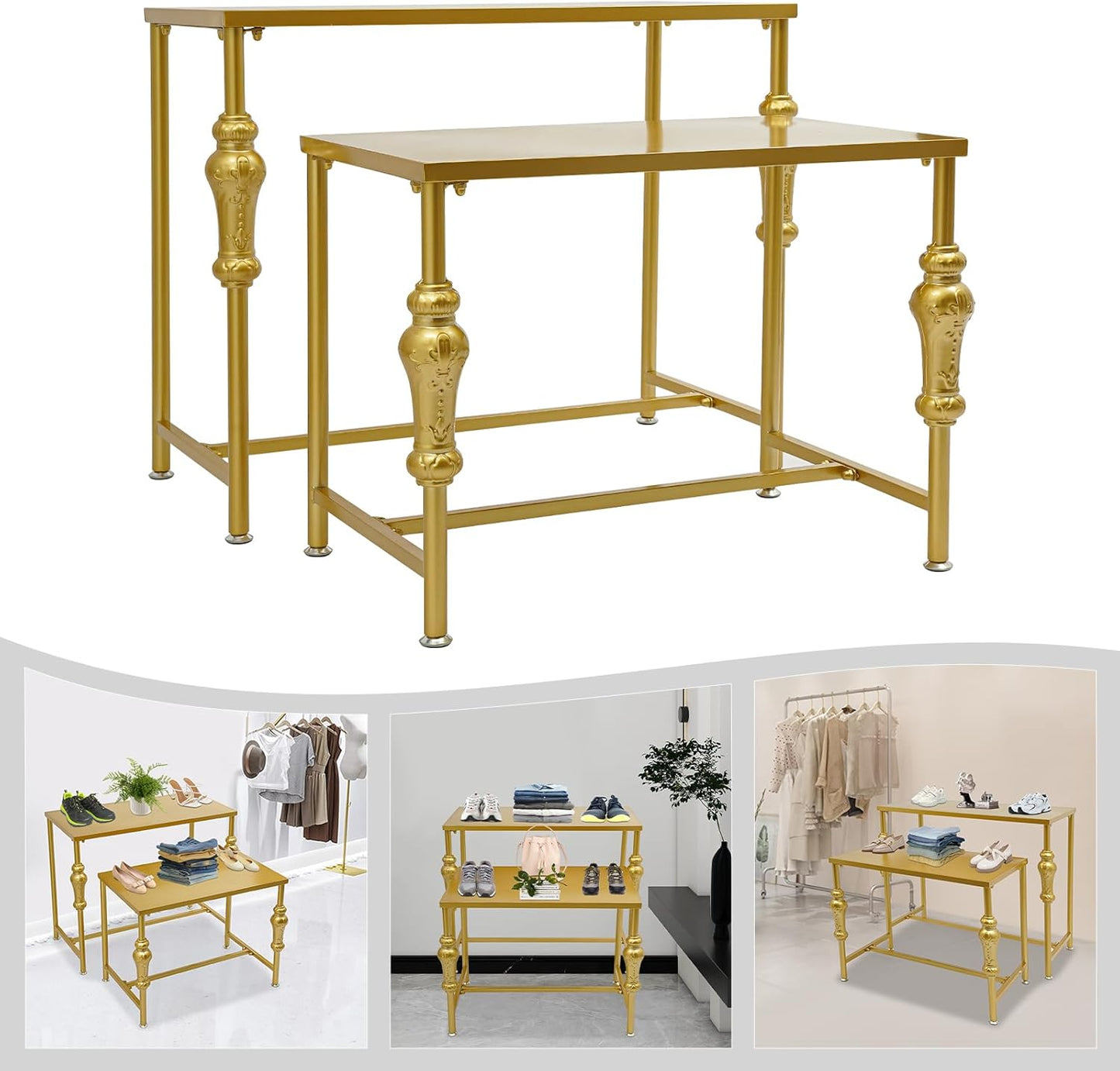 2Pcs Retail Display Tables, Shoe Handbag Display Stand Nesting Tables Set Heavy Duty Purse Display Risers for Home Boutique Retail Store (Gold)