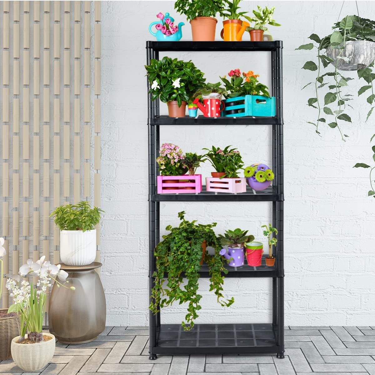 IRONMAX 5-Tier Plastic Storage Shelves, Multi-Purpose Display Shelf Rack, Light Duty Storage Shelving Unit for Laundry Pantry Closet, Black (2, 28“L X 15”W X 67“H)
