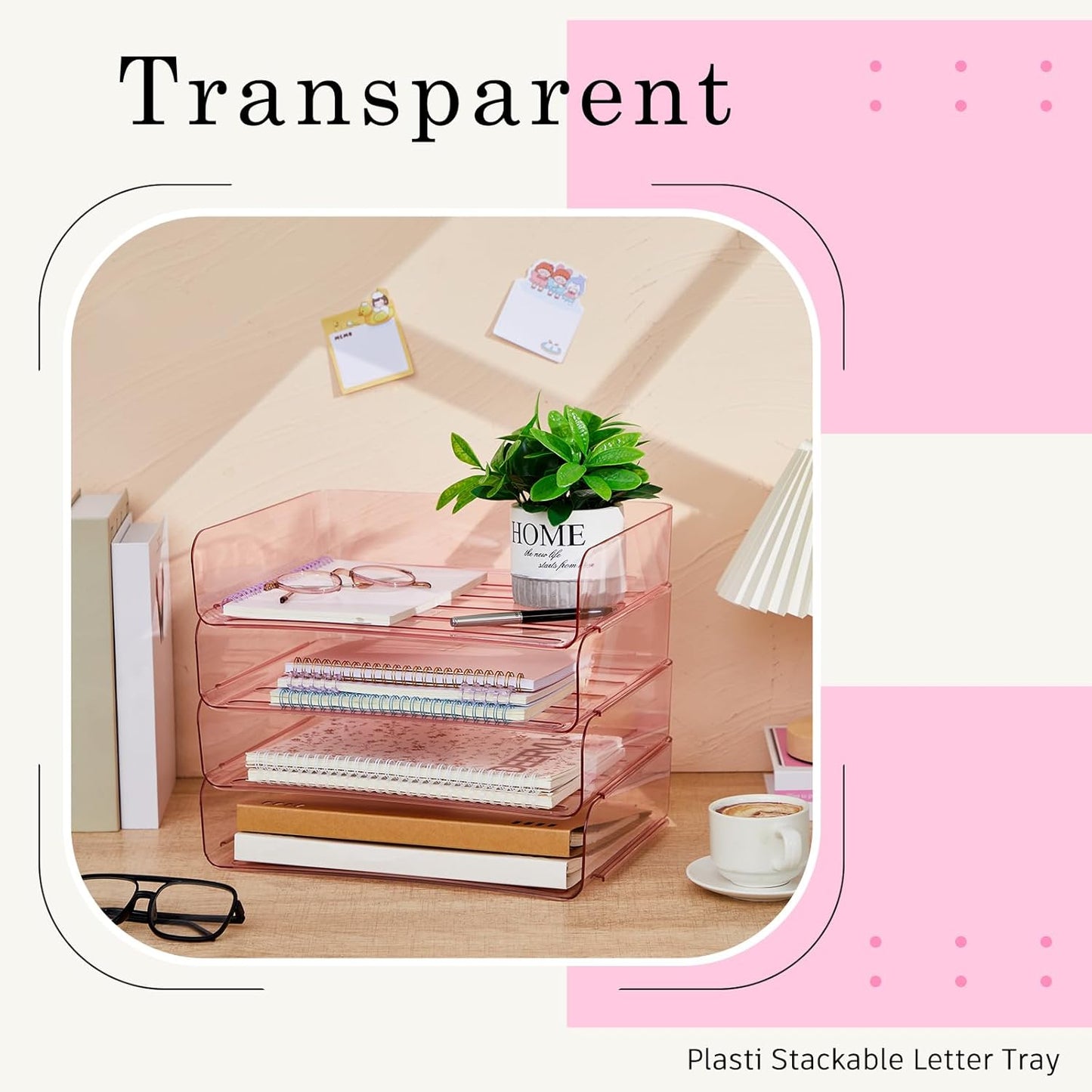 Harloon 4 Tier Acrylic Paper Tray 13 x 9.8 x 3 Inches Stackable Letter Clear Organizer No Need to Assemble Acrylic Paper Organizer File Tray for Office Workspace Desktop Storage (Transparent Pink)