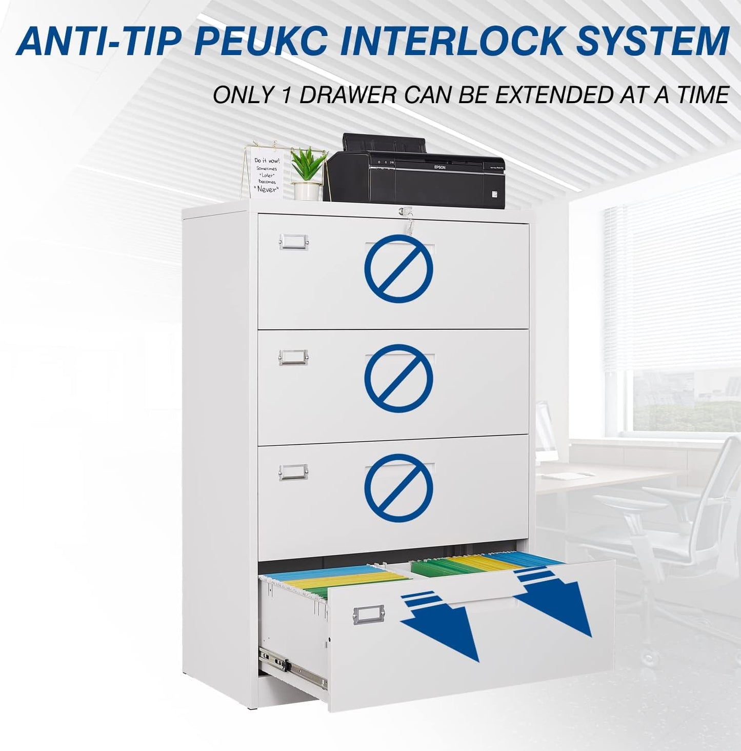 4 Drawer File Cabinet, Lateral Filing Cabinets for Home Office, Office Storage Drawers with Lock, Hanging Files Legal/Letter A4 Size (Assemble Required,White)