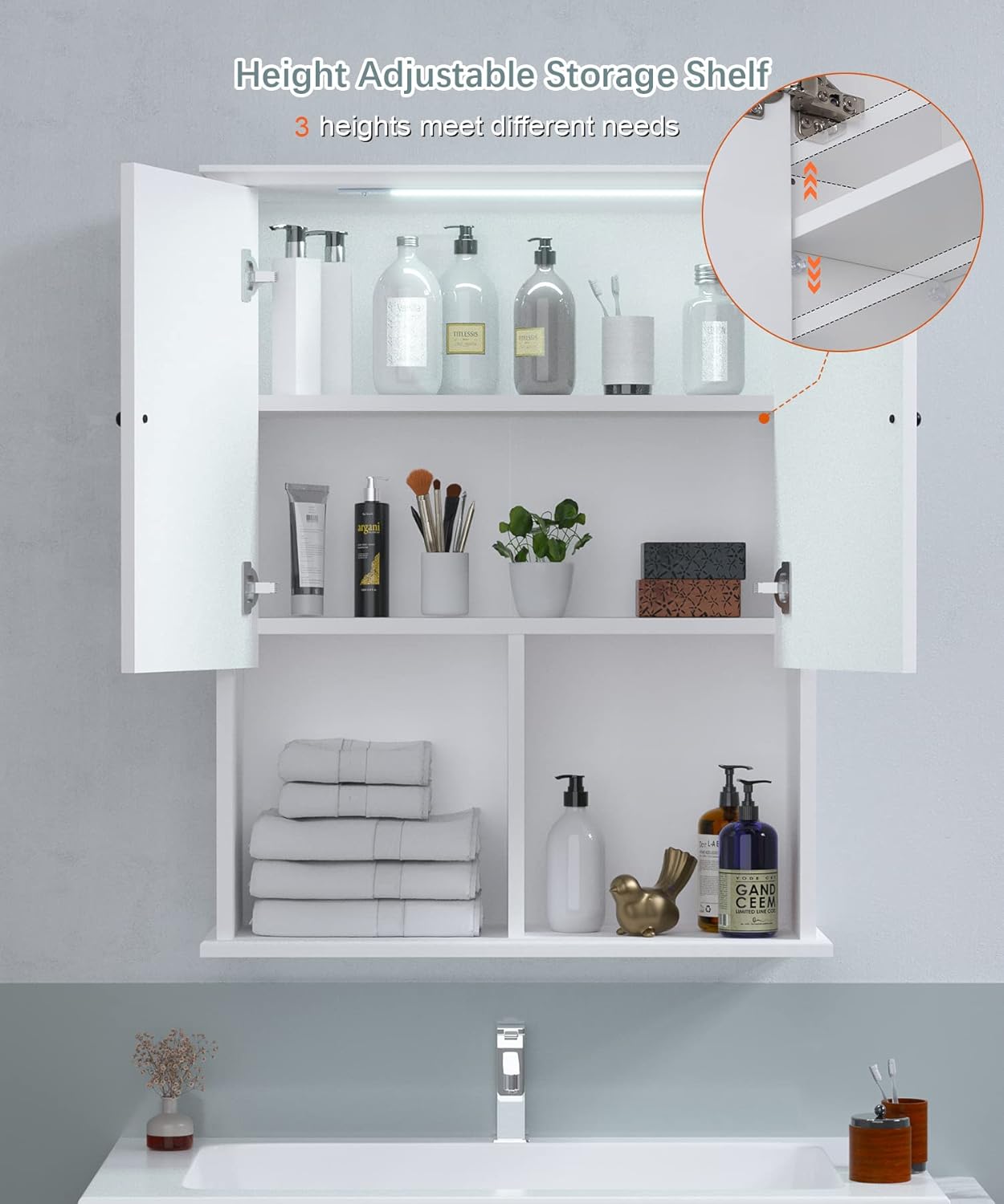 HAIOOU Bathroom Wall Cabinet with Motion Sensor LED Light, Wooden Medicine Cabinet Wall Mounted Cupboard, Over Toilet Storage Cabinet with Buffering Hinges and Adjustable Shelf - Modern White
