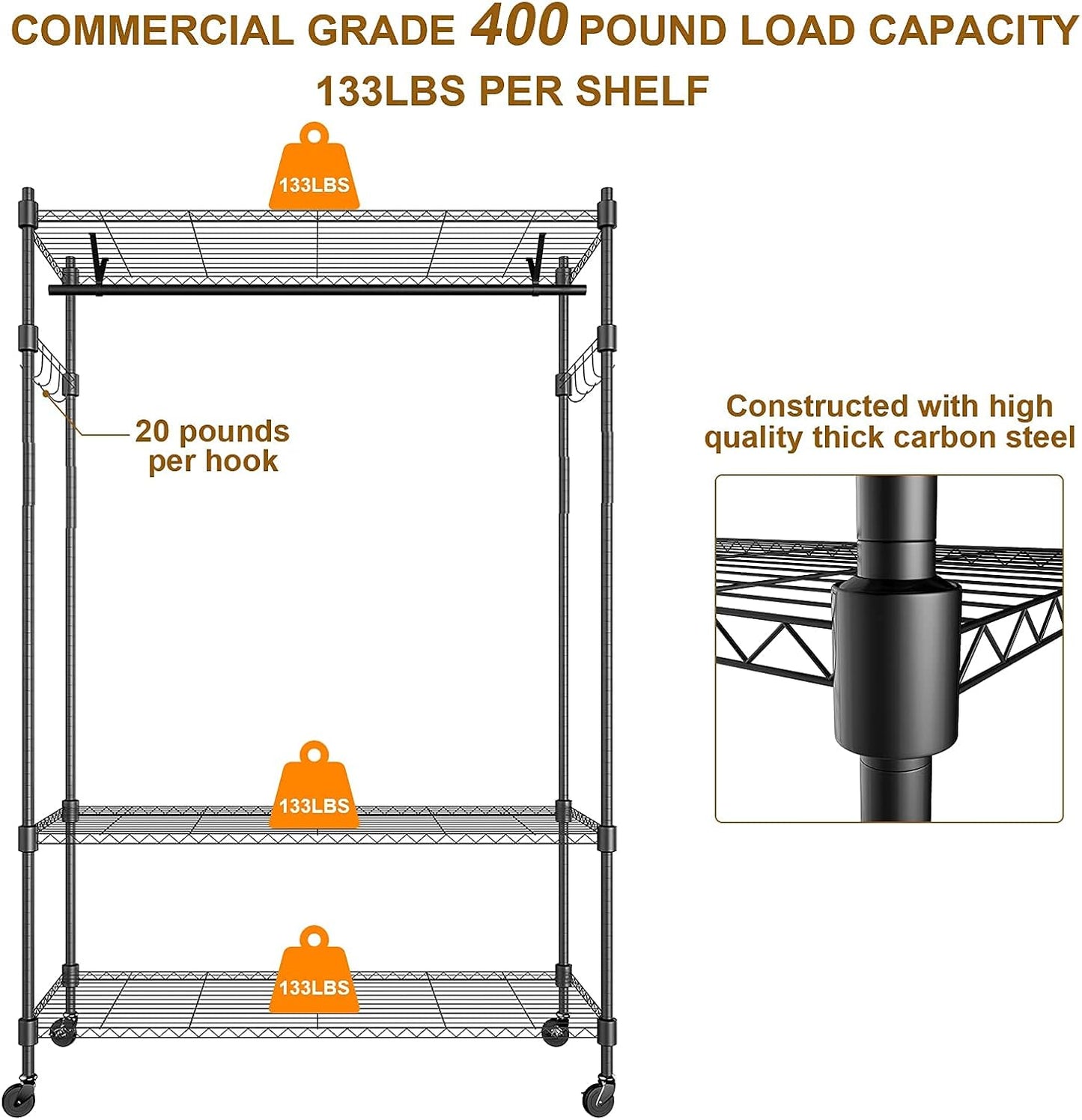 BATHWA Rolling Garment Rack with Adjustable Wire Shelf, 3 Tired Clothes Rack including 1 Clothes Hanging Bar, 1 Roating Hanger Hooks - Hold Up to 400Lbs (Black, 1Rod 1Hook)